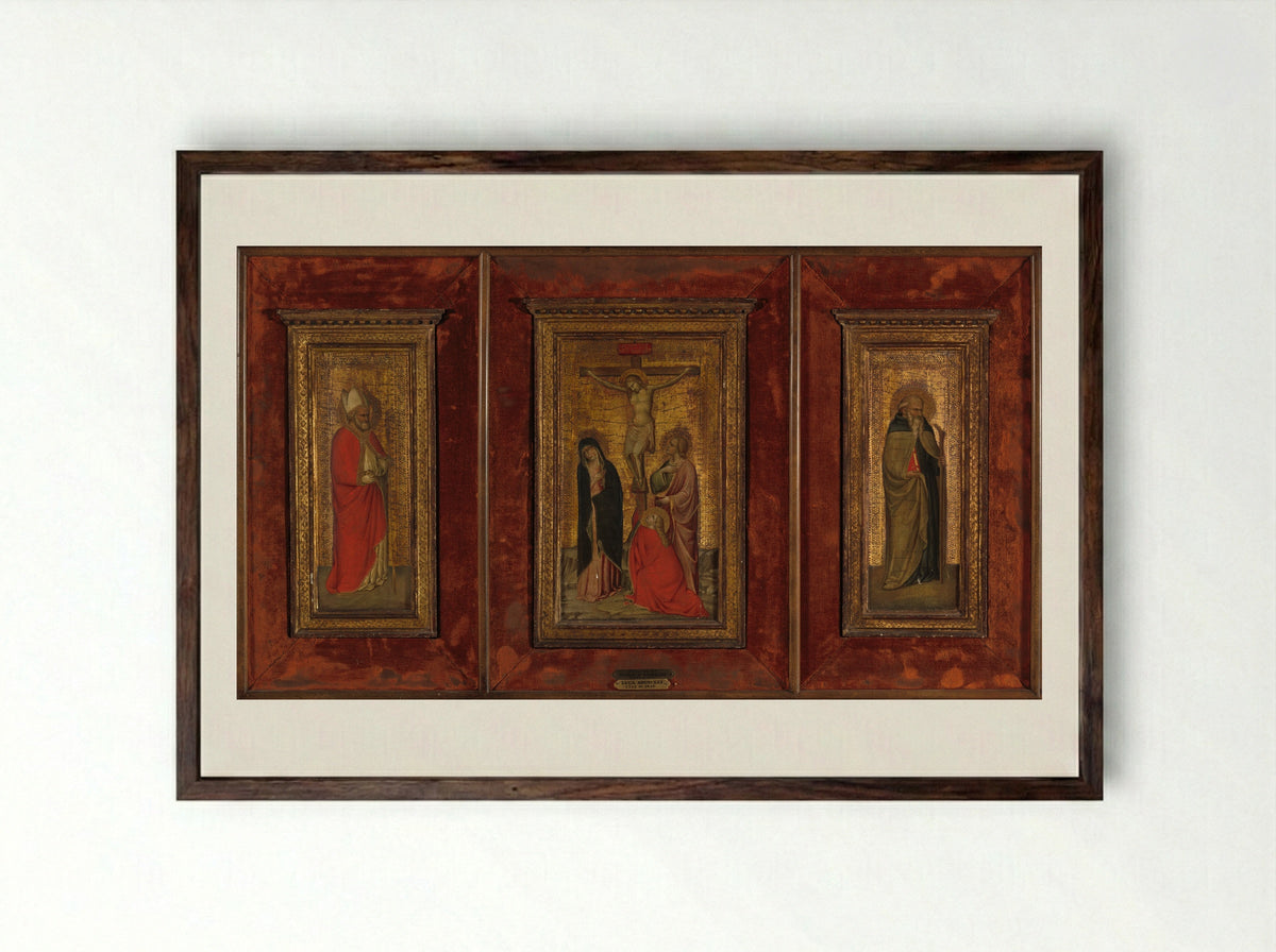 The Crucifixion, Saint Anthony Abbot and Saint Nicholas - Lorenzo di Niccolò - Framed Print Dark Wood