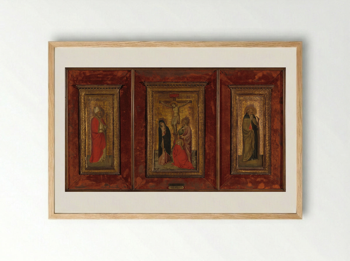 The Crucifixion, Saint Anthony Abbot and Saint Nicholas - Lorenzo di Niccolò - Framed Print Wood