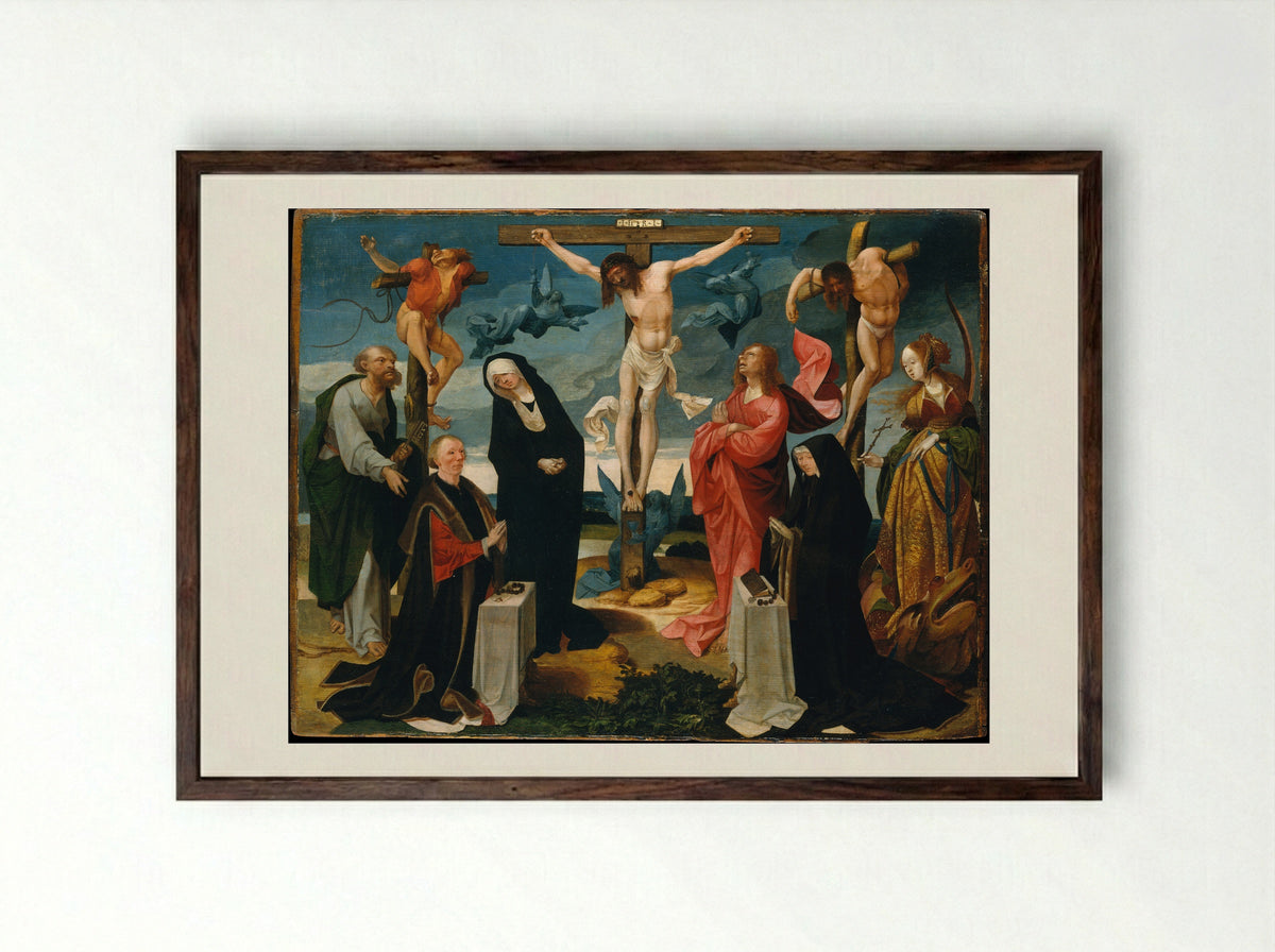 The Crucifixion with Donors and Saints Peter and Margaret of Antioch - Cornelis Engebrechtsz - Framed Print Dark Wood