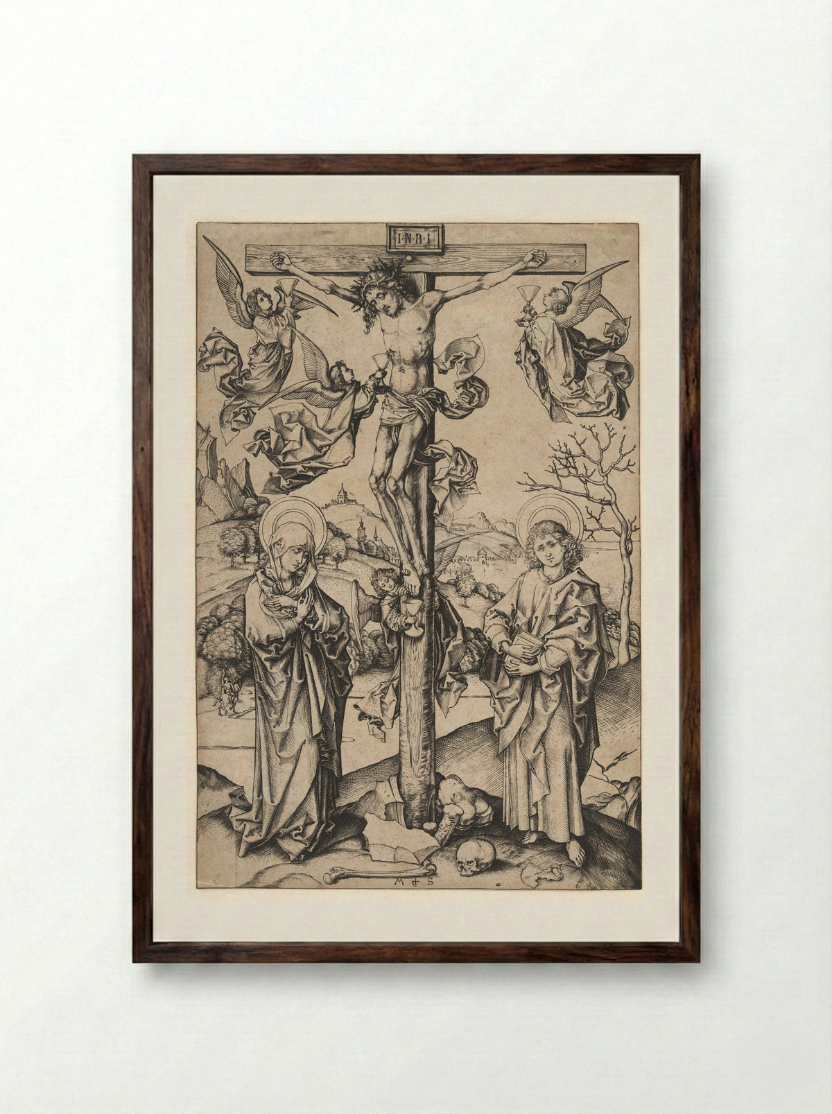 The Crucifixion with Four Angels - Martin Schongauer - Framed Print Dark Wood