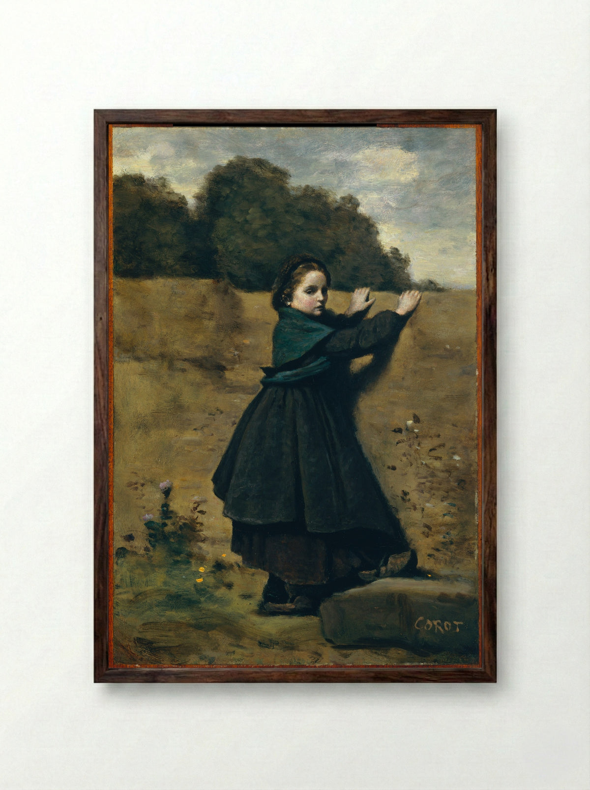 The Curious Little Girl - Jean-Baptiste-Camille Corot - Framed Print Dark Wood