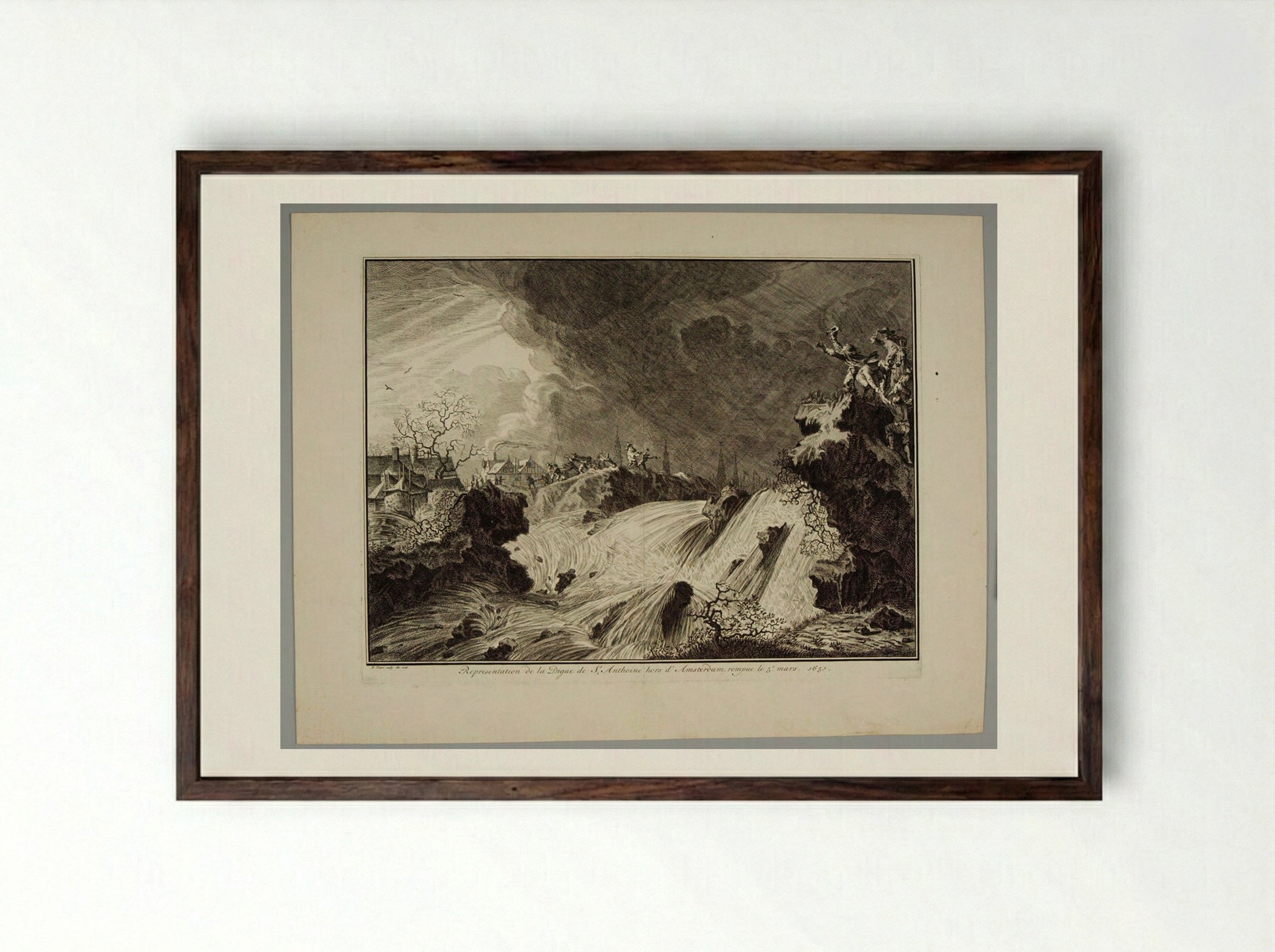 The Dam of S. Antoine Outside of Amsterdam Breaks on March 5, 1651 - Bernard Picart - Framed Print Dark Wood