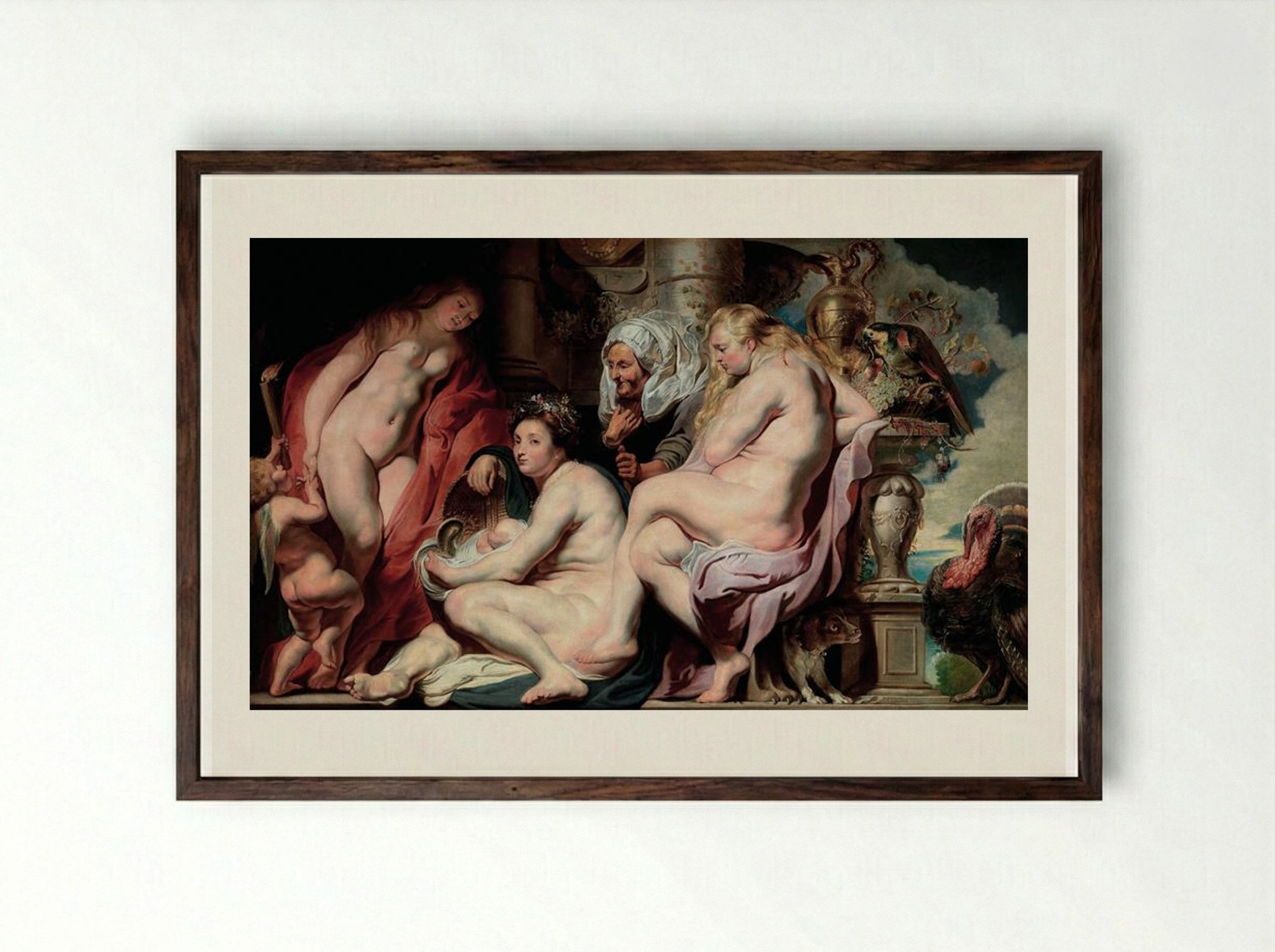 The Daughters of Cecrops finding the child Erichthonius - Jacob Jordaens - Framed Print Dark Wood