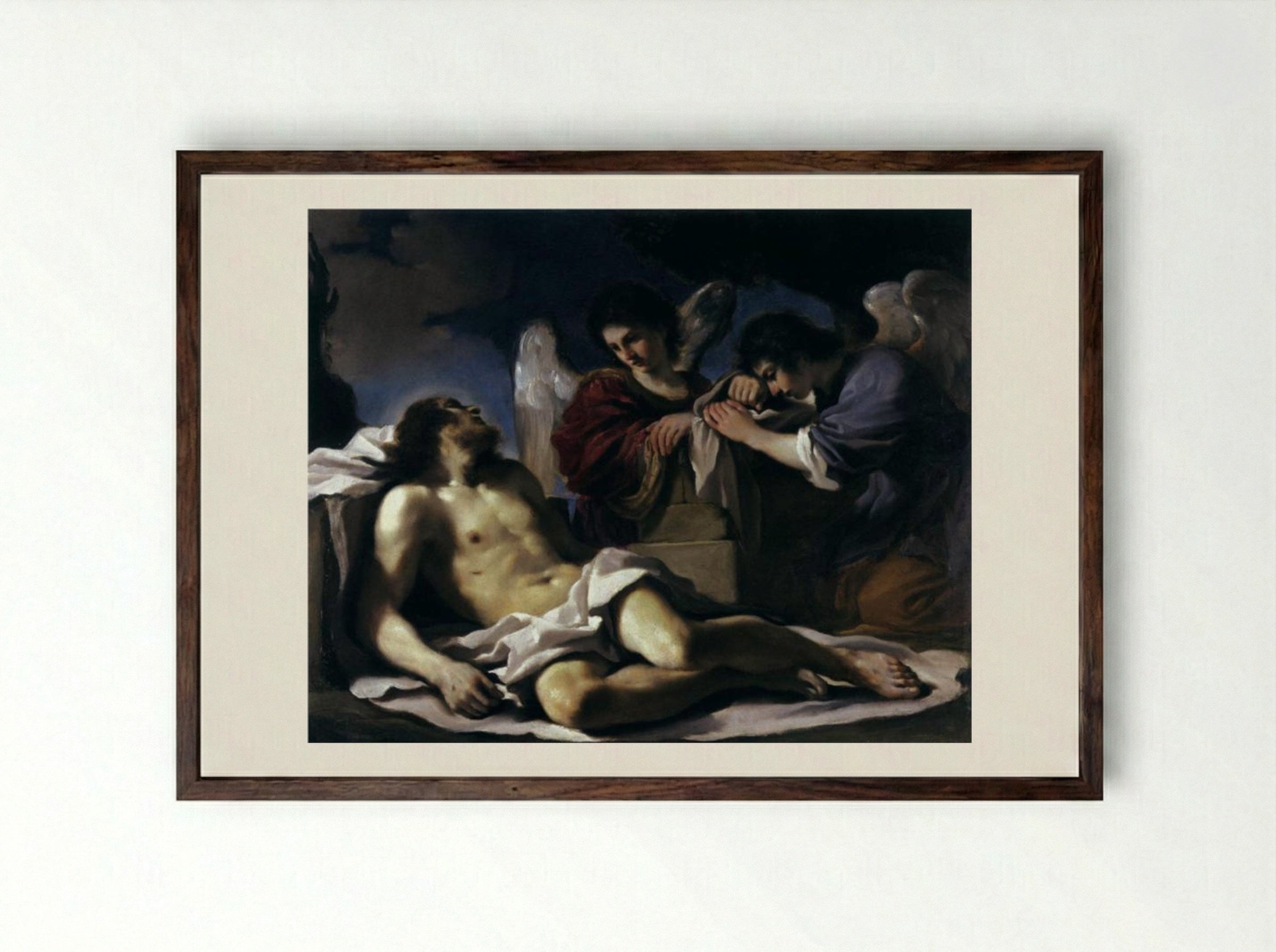 The Dead Christ Mourned by Two Angels - Guercino - Framed Print Dark Wood