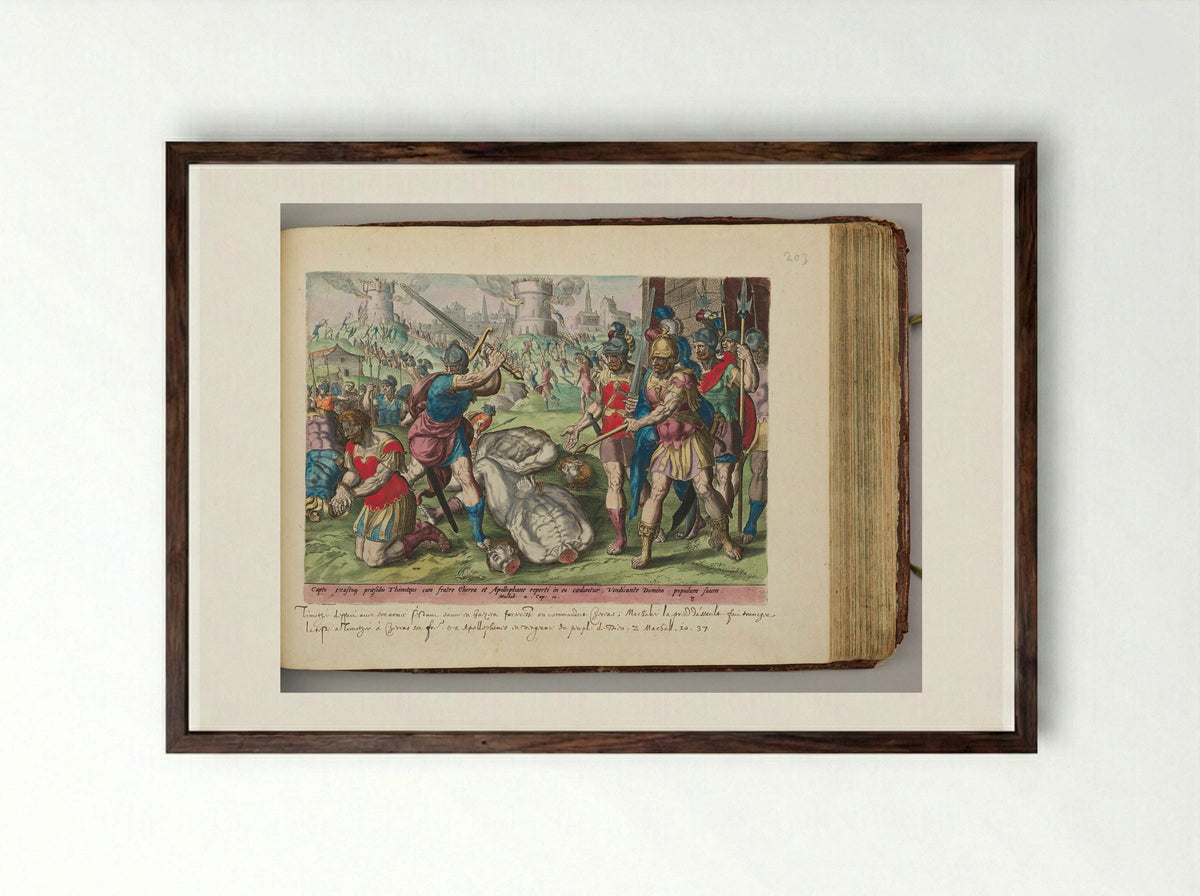 The Death of Timotheus, Chaereas, and Apollophanes - Johannes Wierix - Framed Print Dark Wood
