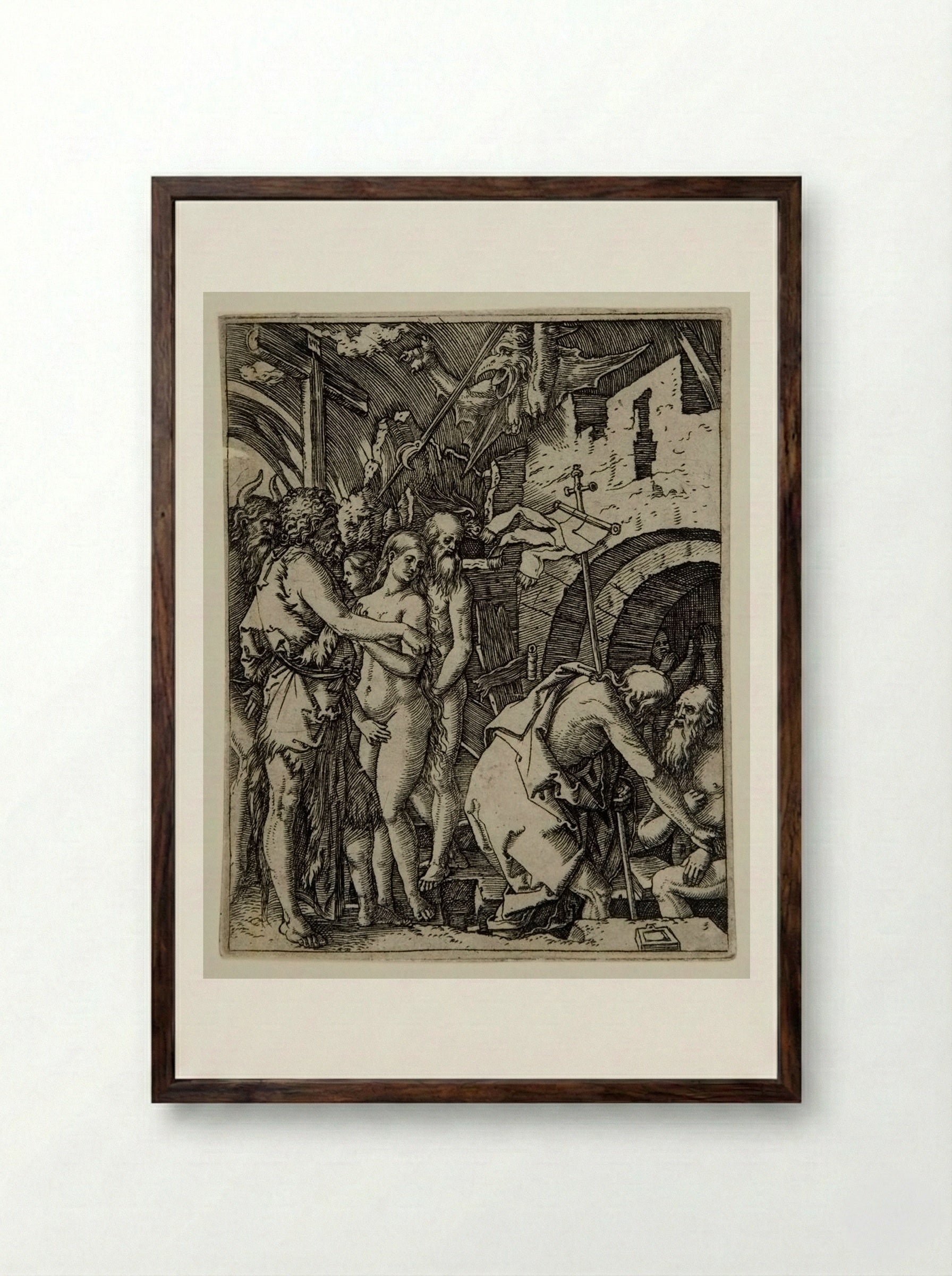 The Descent into Limbo - Marcantonio Raimondi - Framed Print Dark Wood