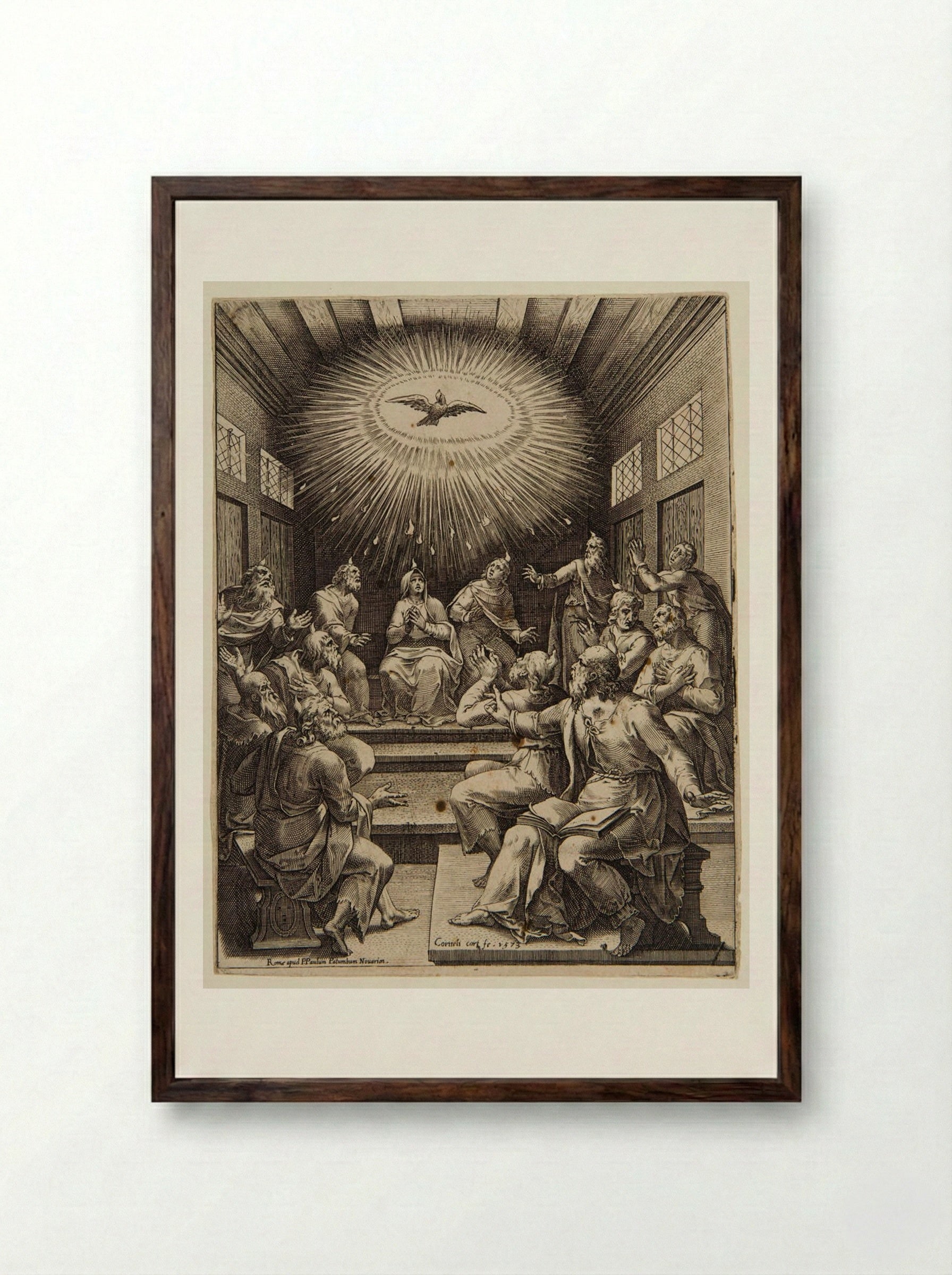The Descent of the Holy Spirit - Cornelis Cort - Framed Print Dark Wood