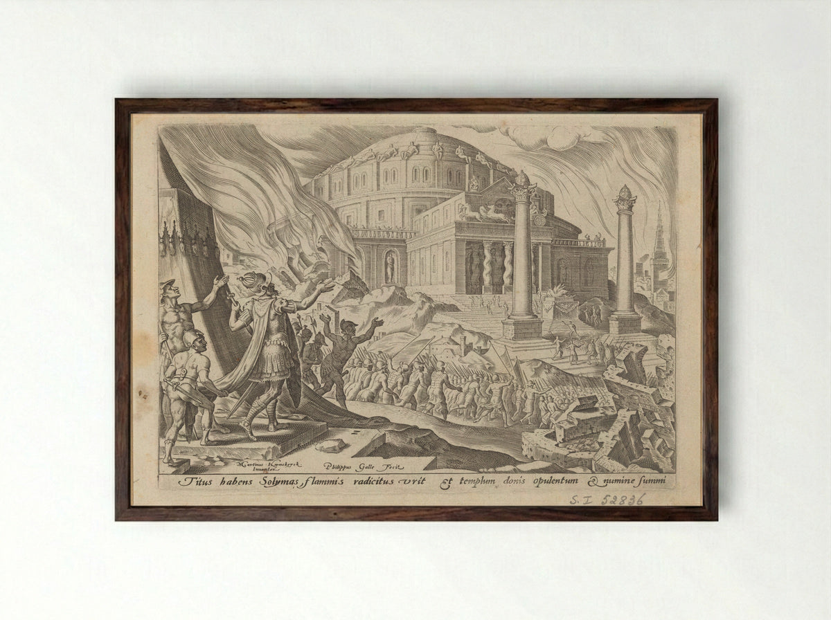 The Destruction of Jerusalem by Emperor Titus - Philips Galle - Framed Print Dark Wood