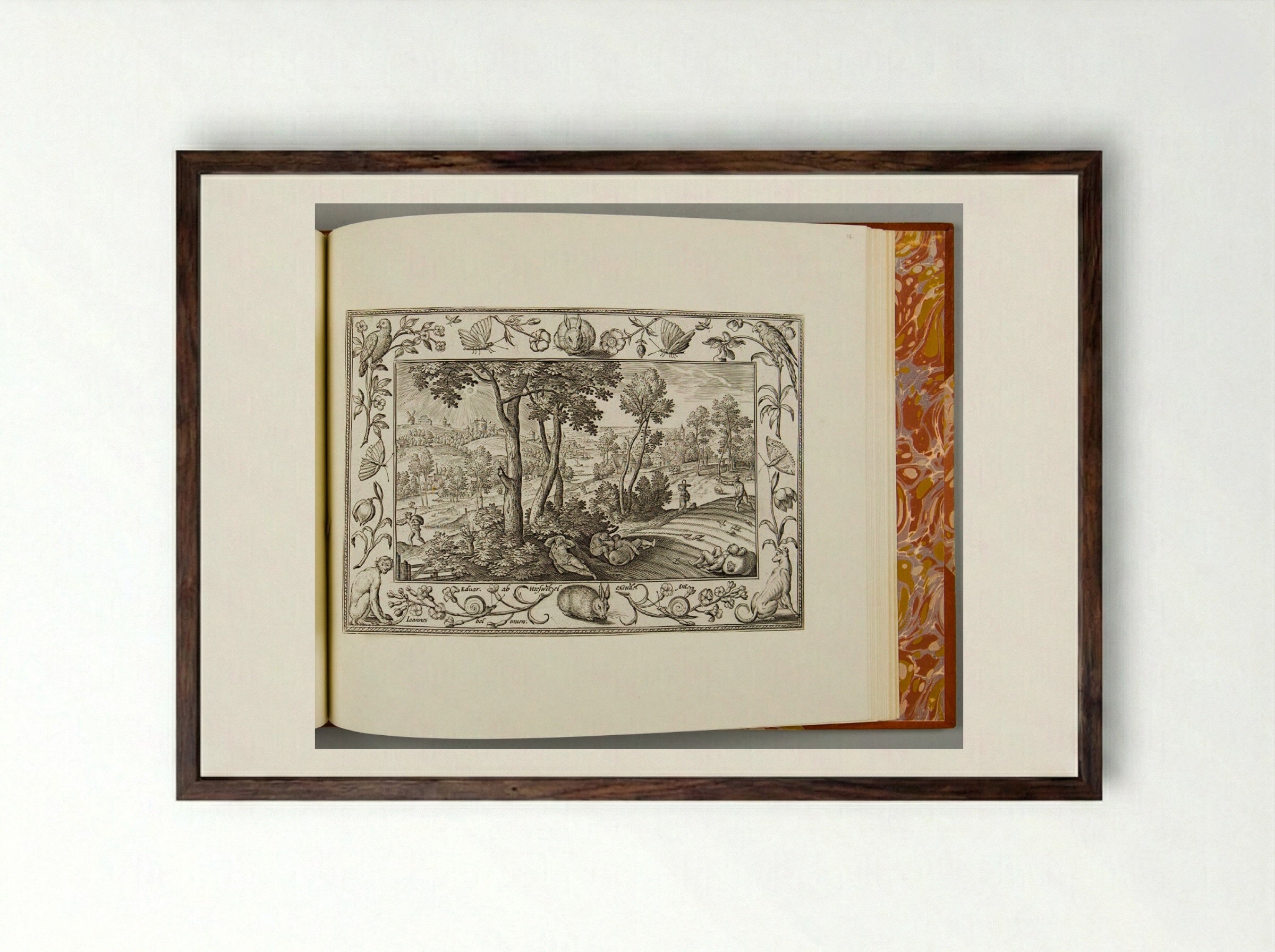 The Devil Sowing the Tares, with Rabbit, Monkey, Greyhound, and Parrot - Adriaen Collaert - Framed Print Dark Wood