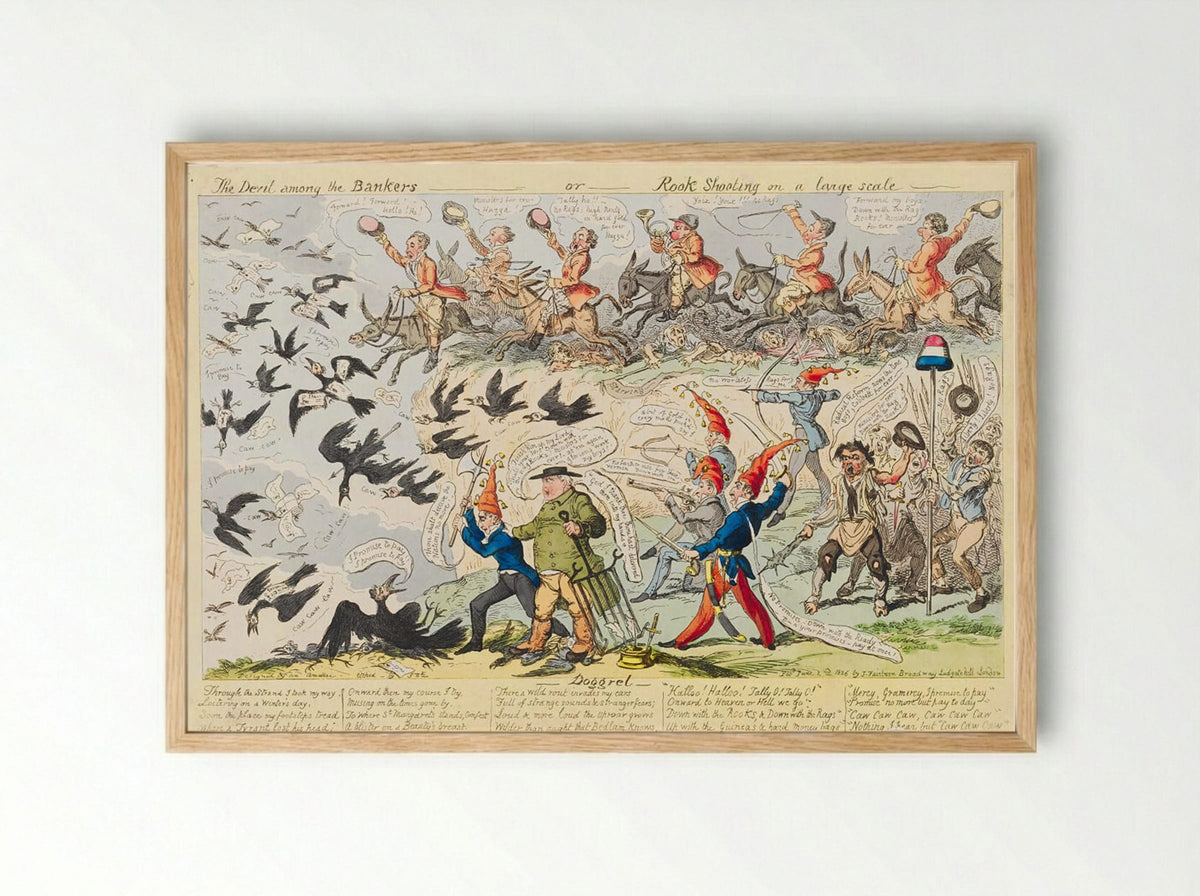 The Devil among the Bankers, or Rook Shooting on a large scale - George Cruikshank - Framed Print Wood