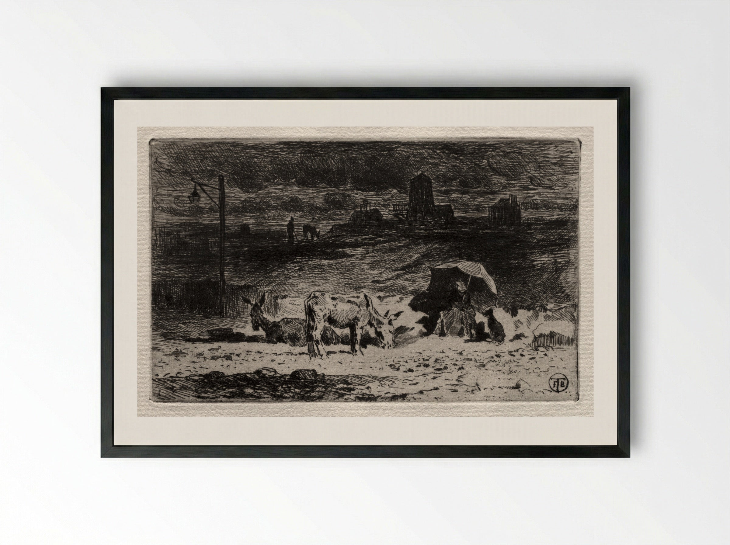 The Donkeys at the Hill of the Cailles - Félix Hilaire Buhot - Framed Print Black