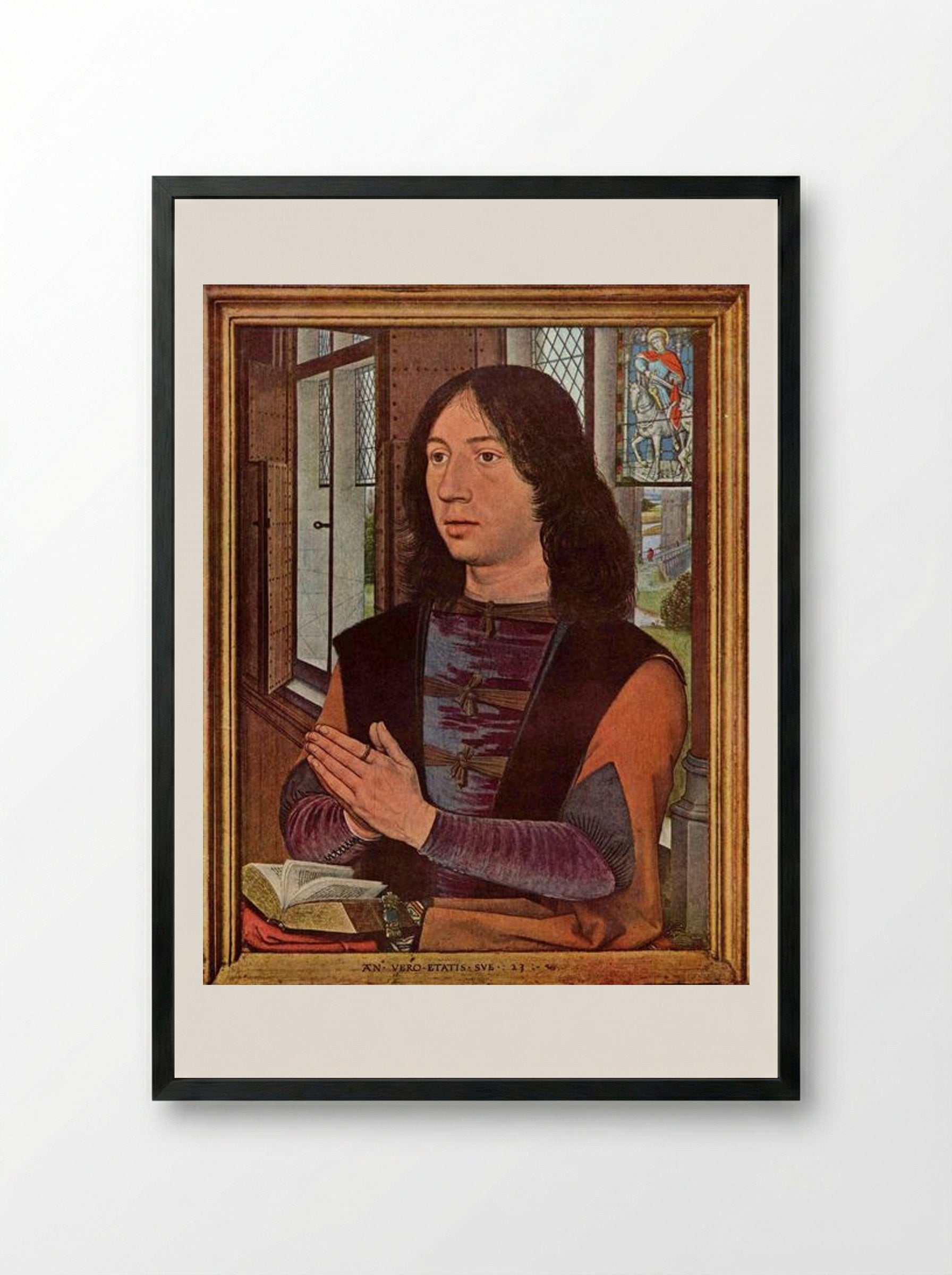 The Donor, from the right wing of the Diptych of Maerten van Nieuwenhove - Hans Memling - Framed Print Black