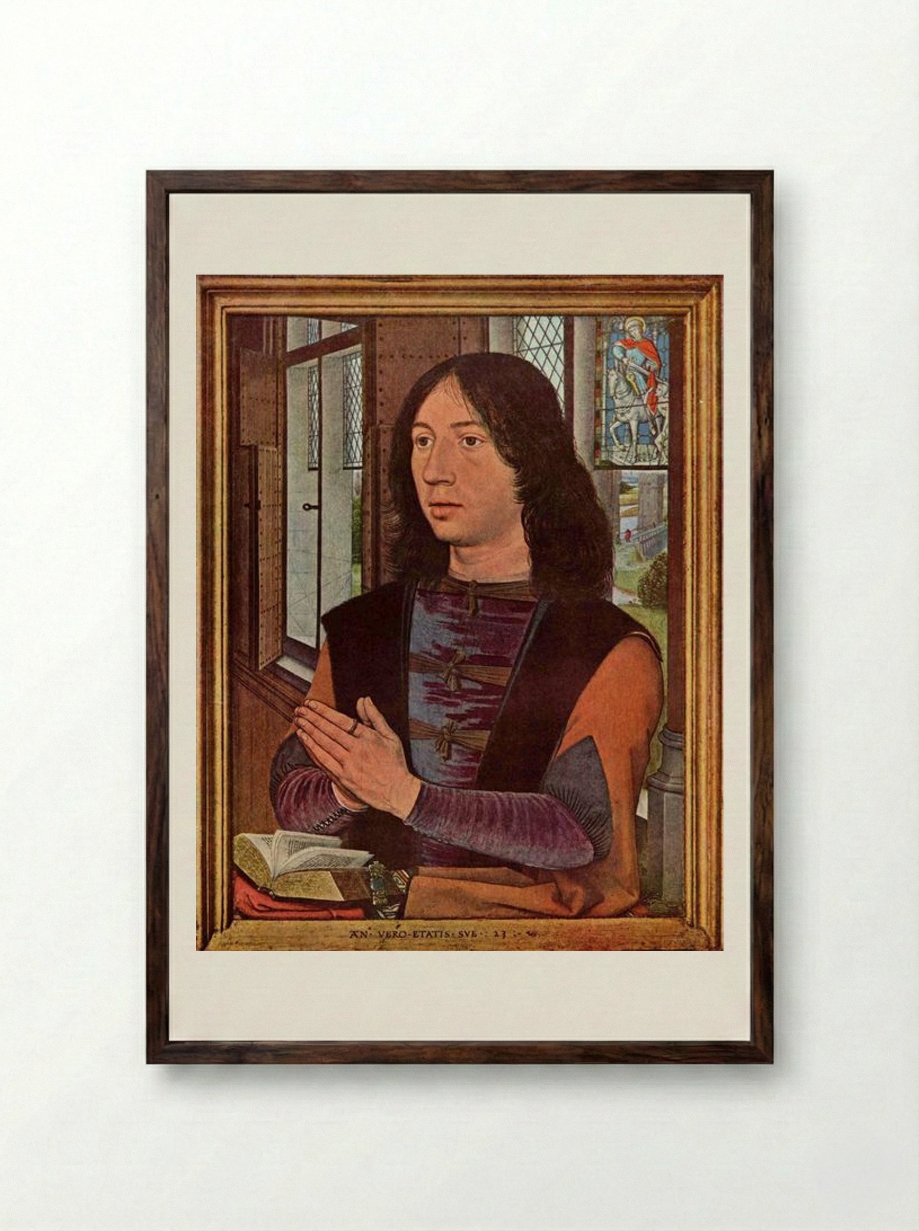 The Donor, from the right wing of the Diptych of Maerten van Nieuwenhove - Hans Memling - Framed Print Dark Wood