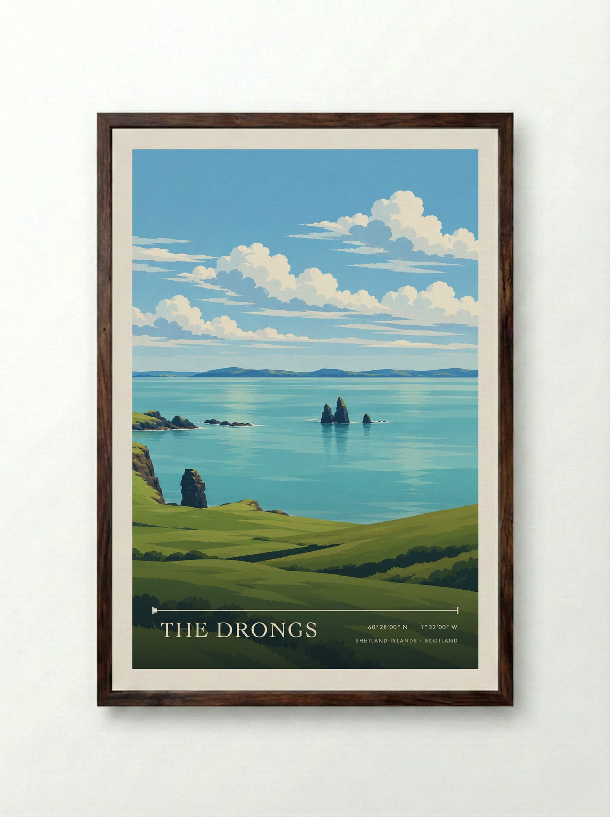 The Drongs, Shetland Islands | Travel Poster - Framed Print Dark Wood