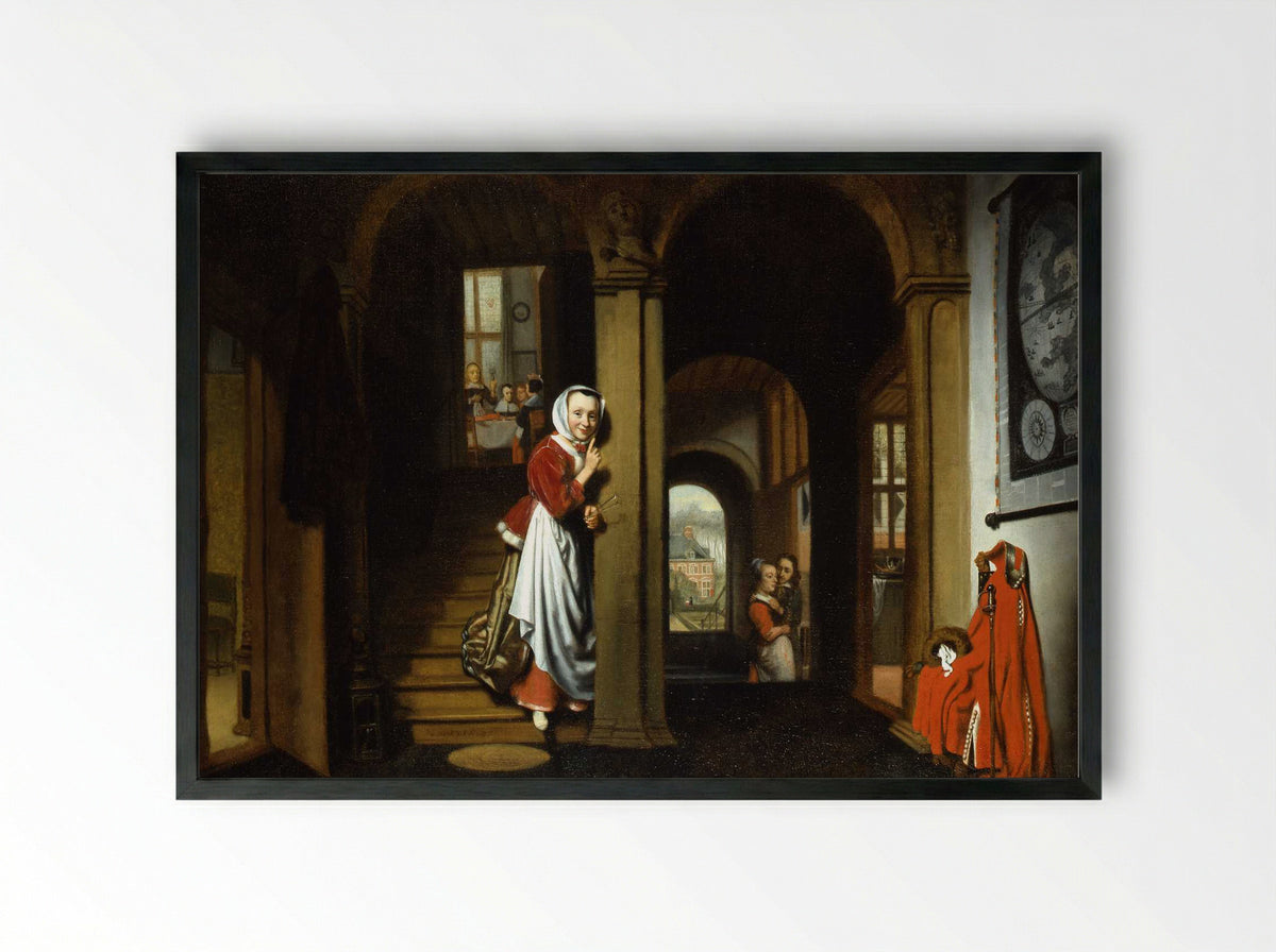 The Eavesdropper - Nicolaes Maes - Framed Print Black
