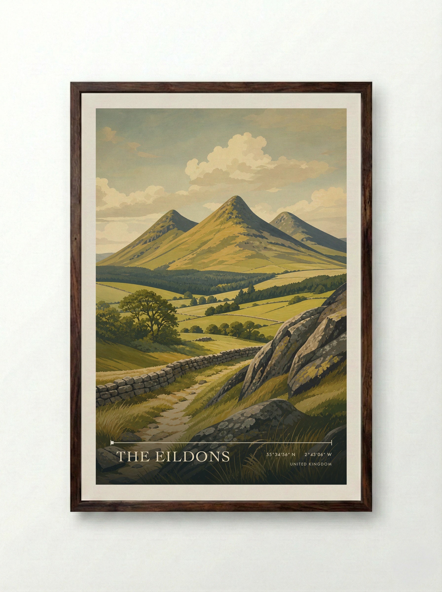The Eildons United Kingdom Travel Poster - Framed Print Dark Wood