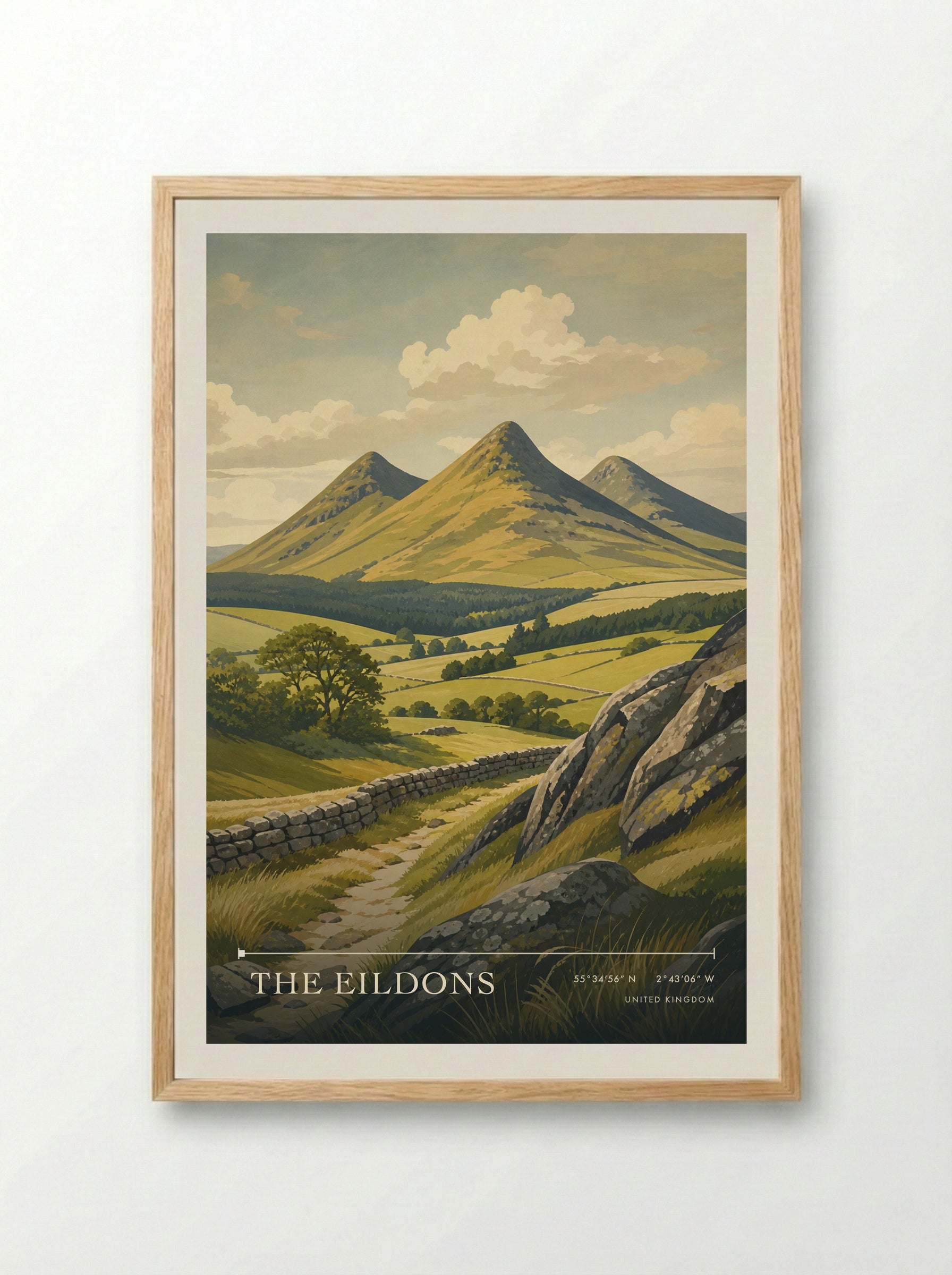 The Eildons United Kingdom Travel Poster - Framed Print Wood