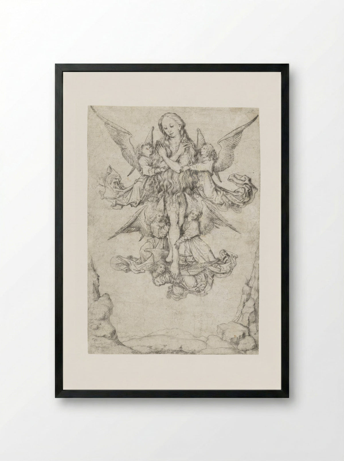 The Elevation of Saint Mary Magdalene with Five Angels - Master of the Amsterdam Cabinet - Framed Print Black