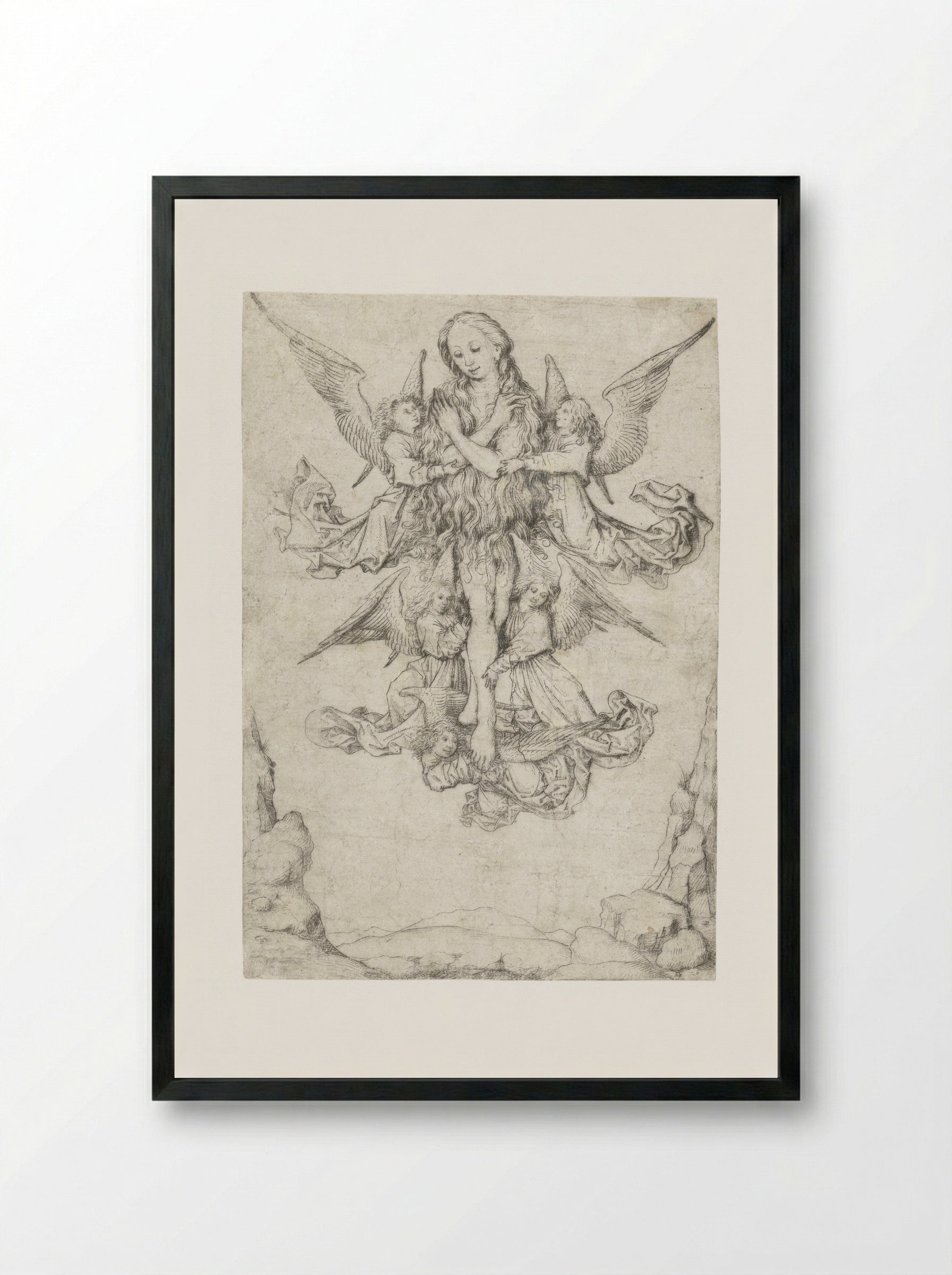 The Elevation of Saint Mary Magdalene with Five Angels - Master of the Amsterdam Cabinet - Framed Print Black
