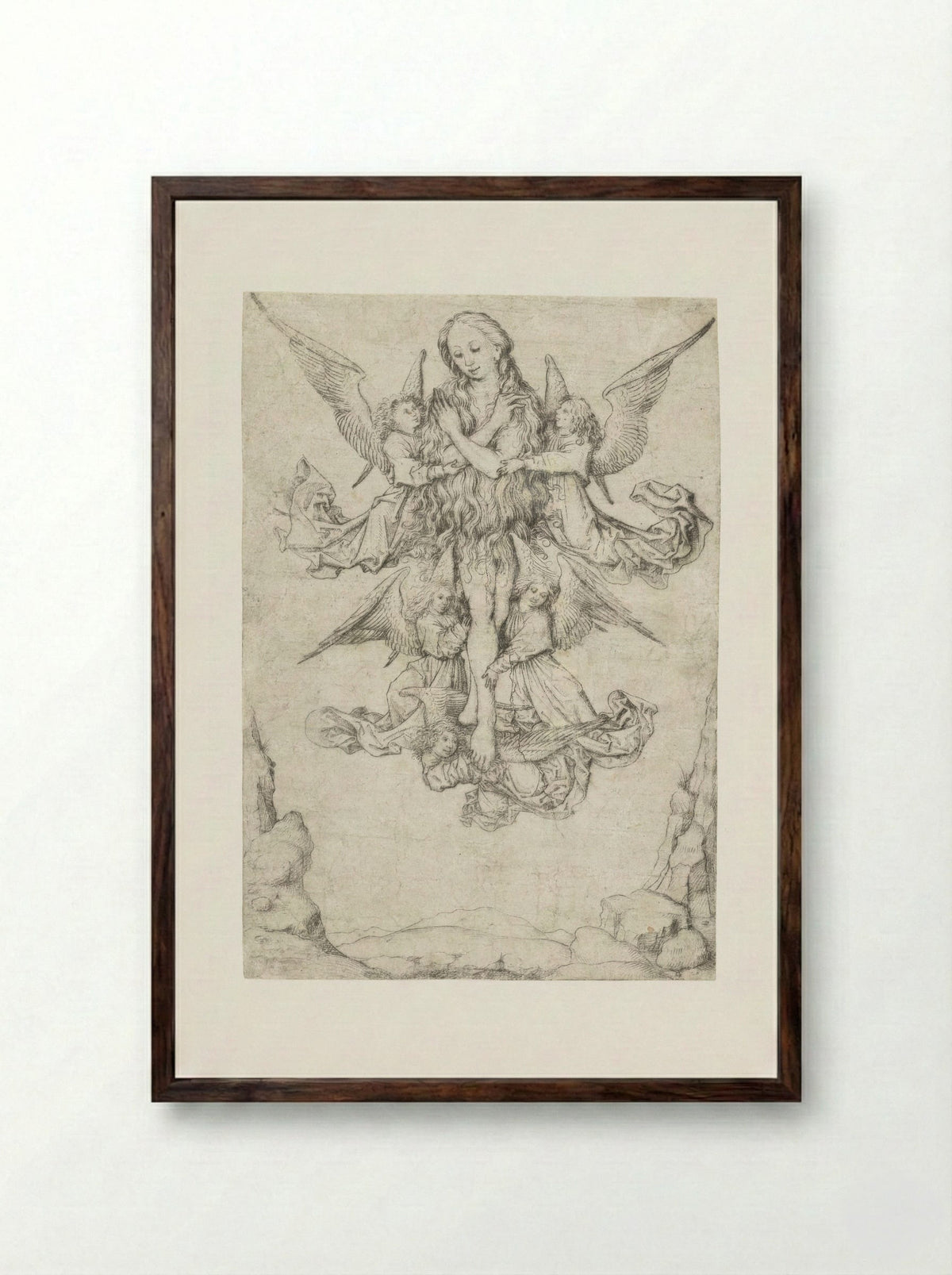 The Elevation of Saint Mary Magdalene with Five Angels - Master of the Amsterdam Cabinet - Framed Print Dark Wood