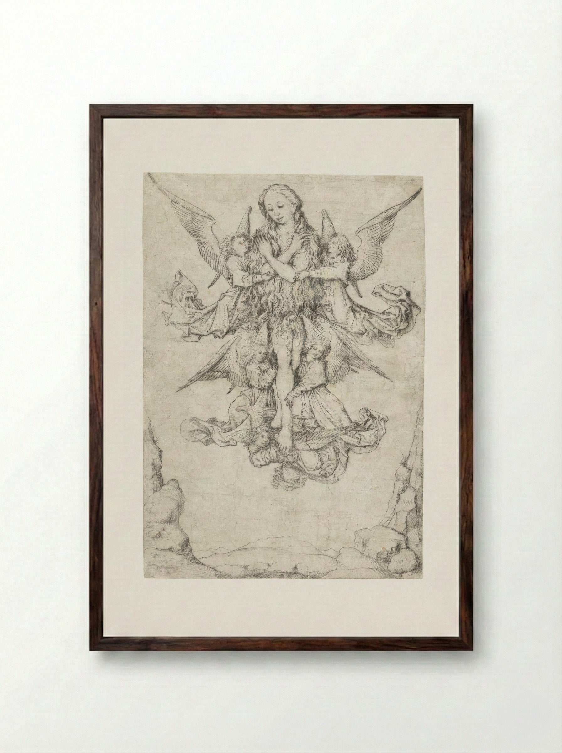 The Elevation of Saint Mary Magdalene with Five Angels - Master of the Amsterdam Cabinet - Framed Print Dark Wood