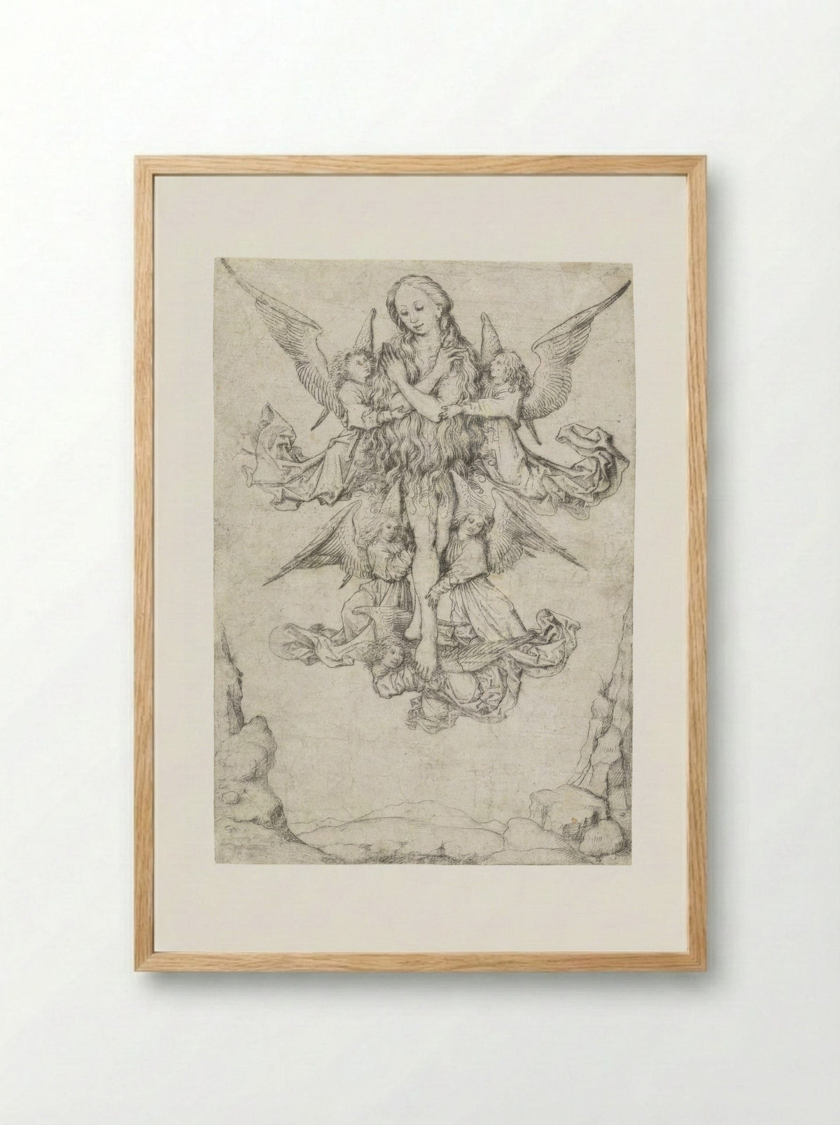 The Elevation of Saint Mary Magdalene with Five Angels - Master of the Amsterdam Cabinet - Framed Print Wood