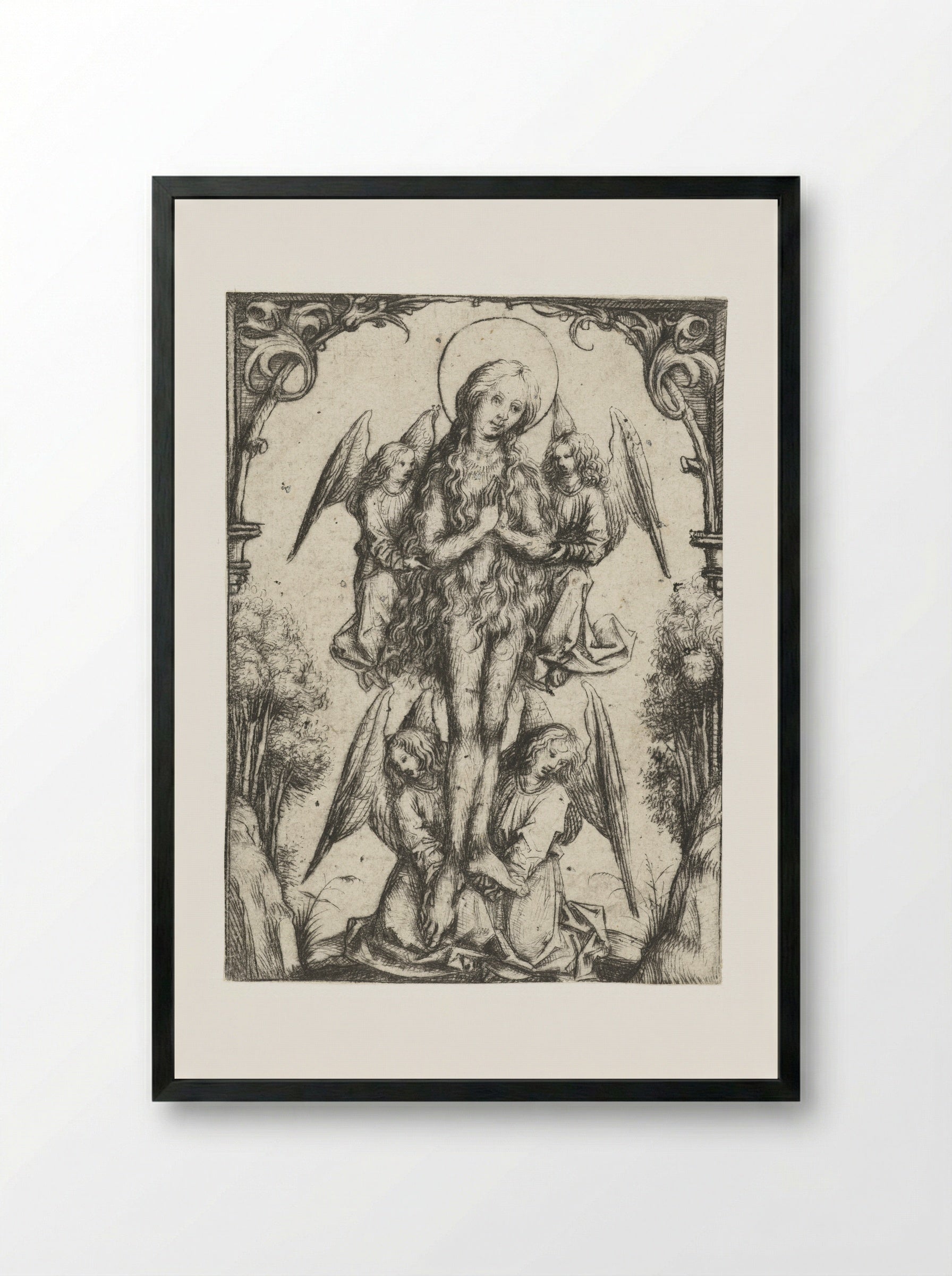 The Elevation of Saint Mary Magdalene with Four Angels - Master of the Amsterdam Cabinet - Framed Print Black
