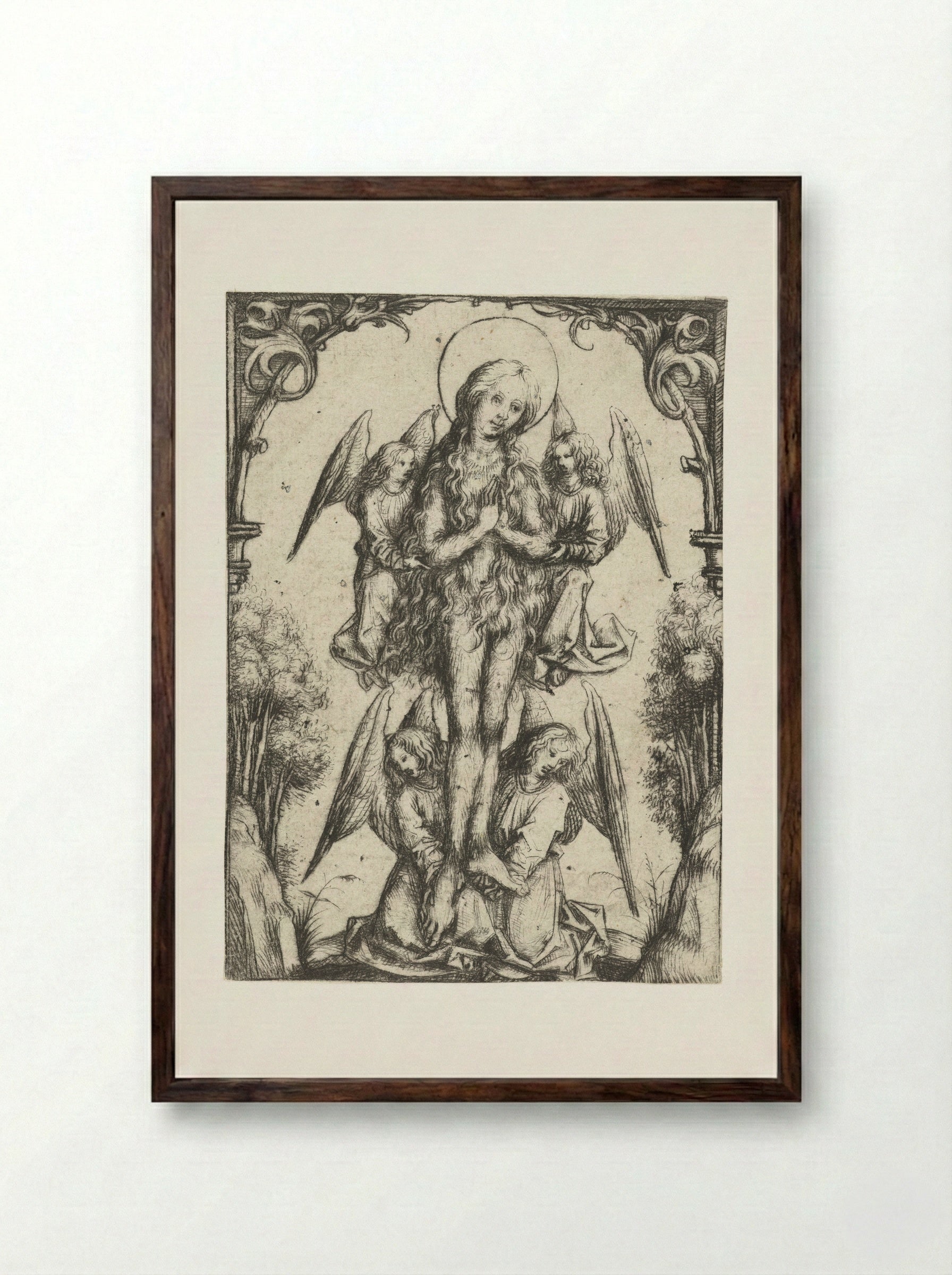 The Elevation of Saint Mary Magdalene with Four Angels - Master of the Amsterdam Cabinet - Framed Print Dark Wood