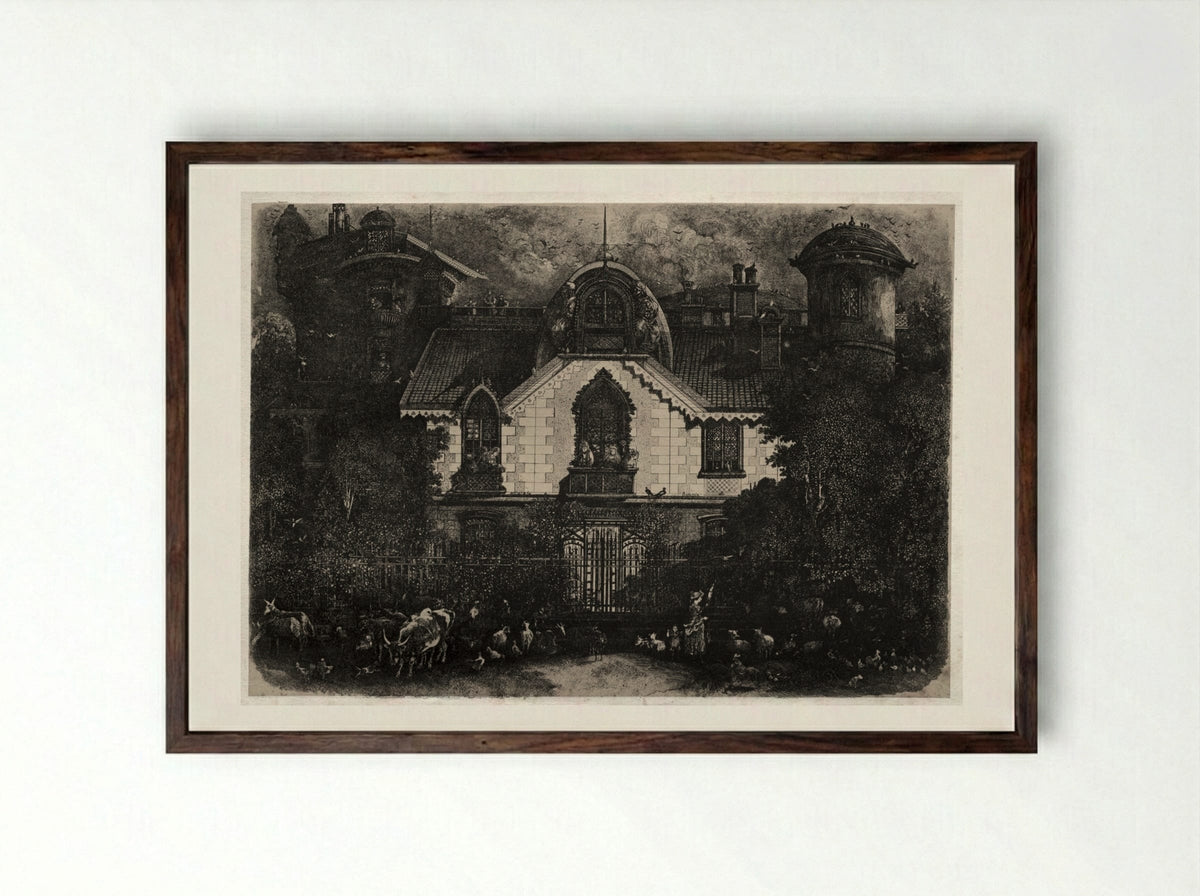The Enchanted House - Rodolphe Bresdin - Framed Print Dark Wood