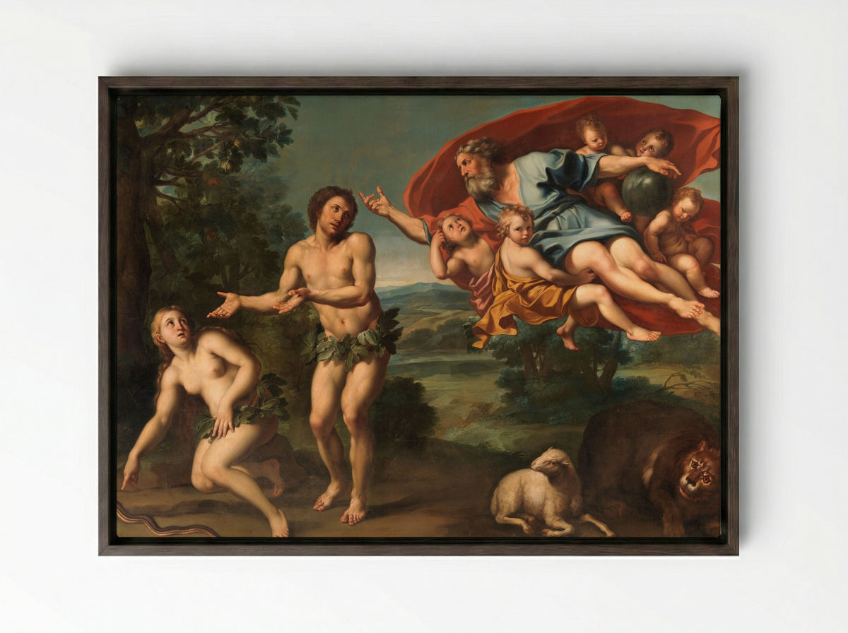 The Expulsion of Adam and Eve - Domenichino - Framed Canvas Dark Wood