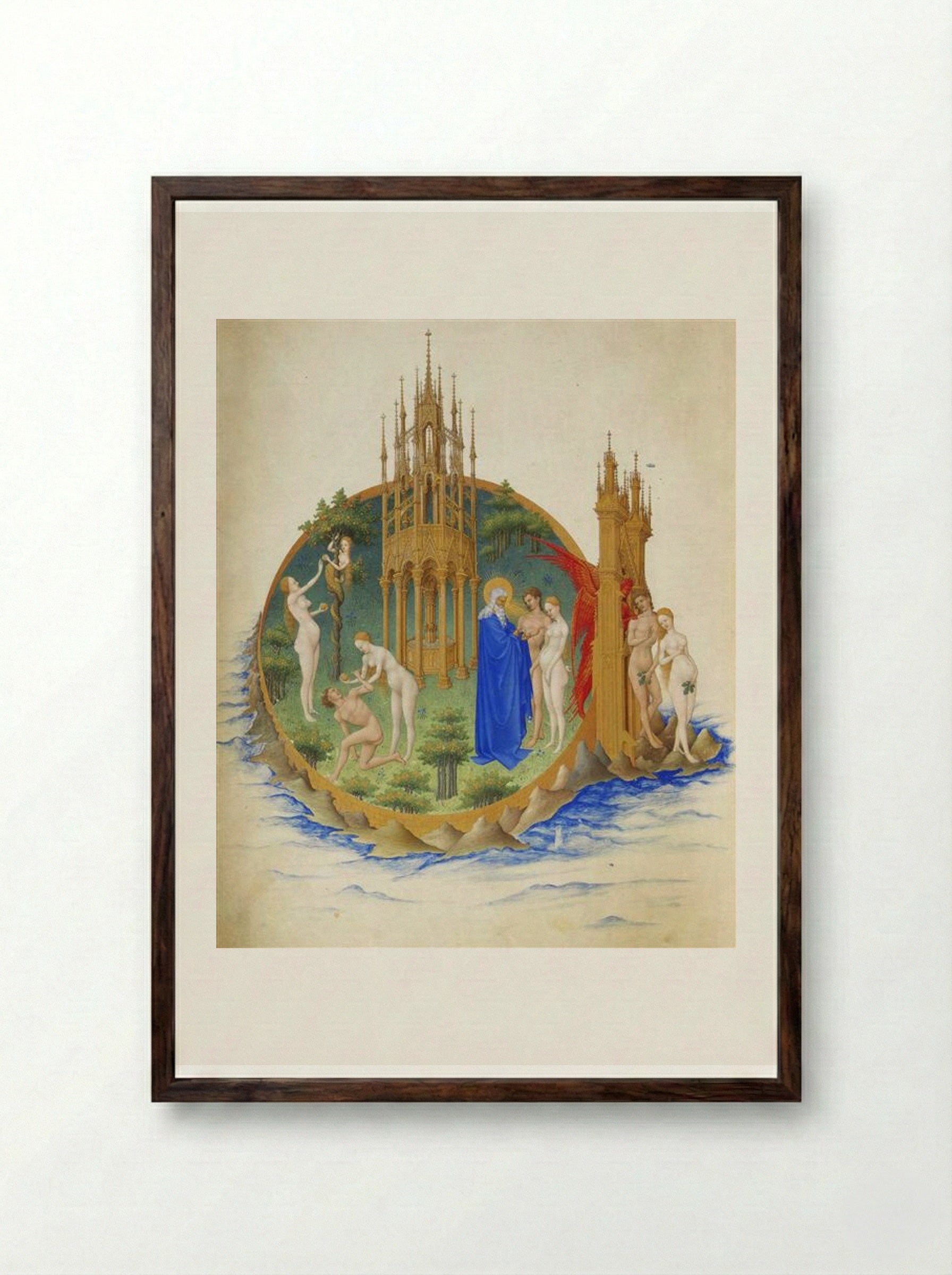 The Fall and the Expulsion from Paradise - Limbourg brothers - Framed Print Dark Wood