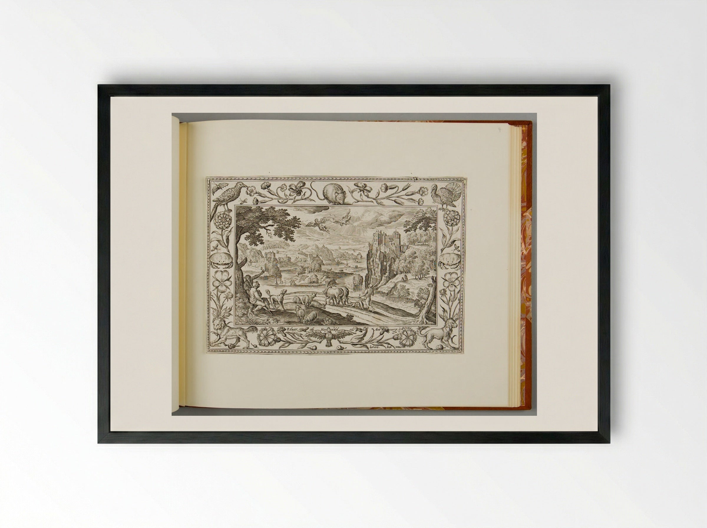 The Fall of Icarus, with Mouse, Turkey, Crab, and Spaniel - Adriaen Collaert - Framed Print Black