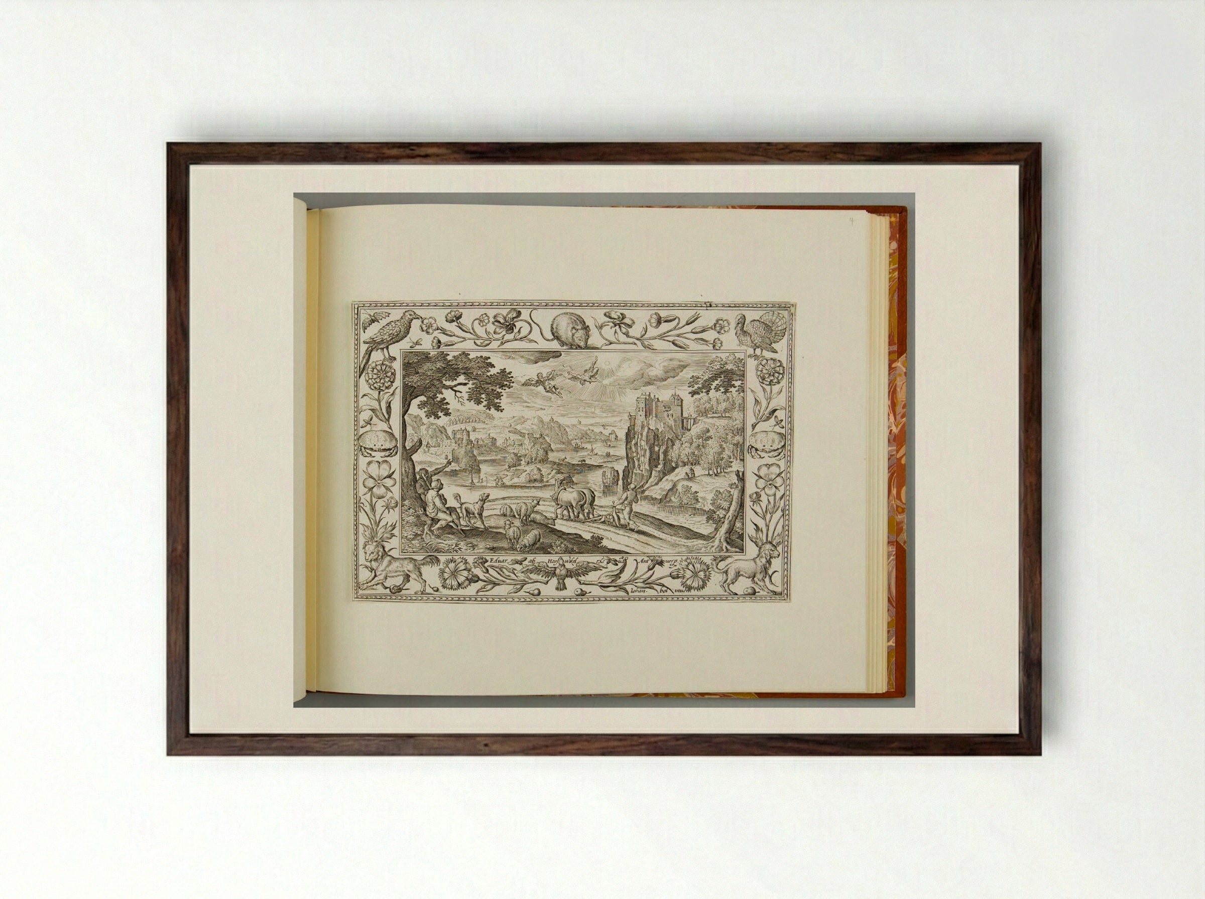 The Fall of Icarus, with Mouse, Turkey, Crab, and Spaniel - Adriaen Collaert - Framed Print Dark Wood