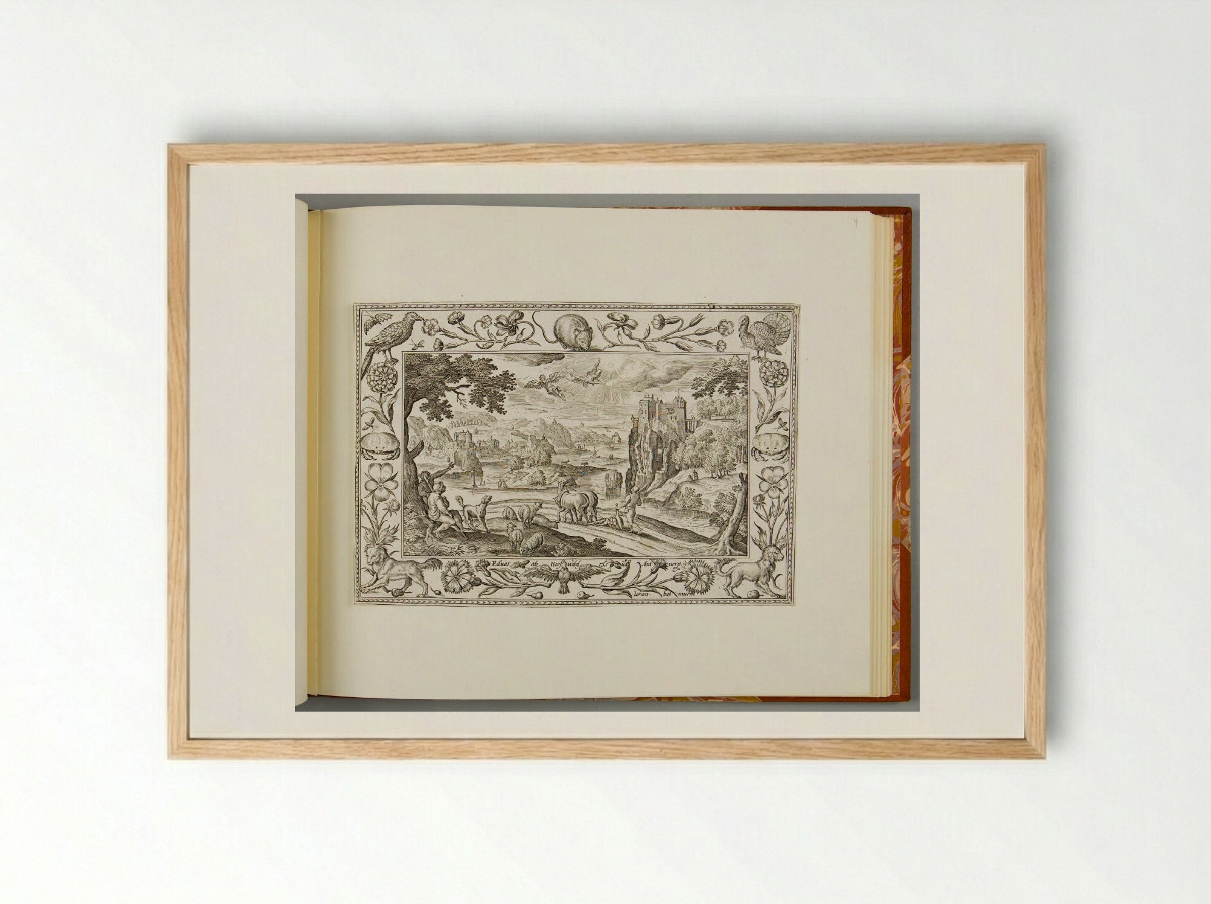 The Fall of Icarus, with Mouse, Turkey, Crab, and Spaniel - Adriaen Collaert - Framed Print Wood