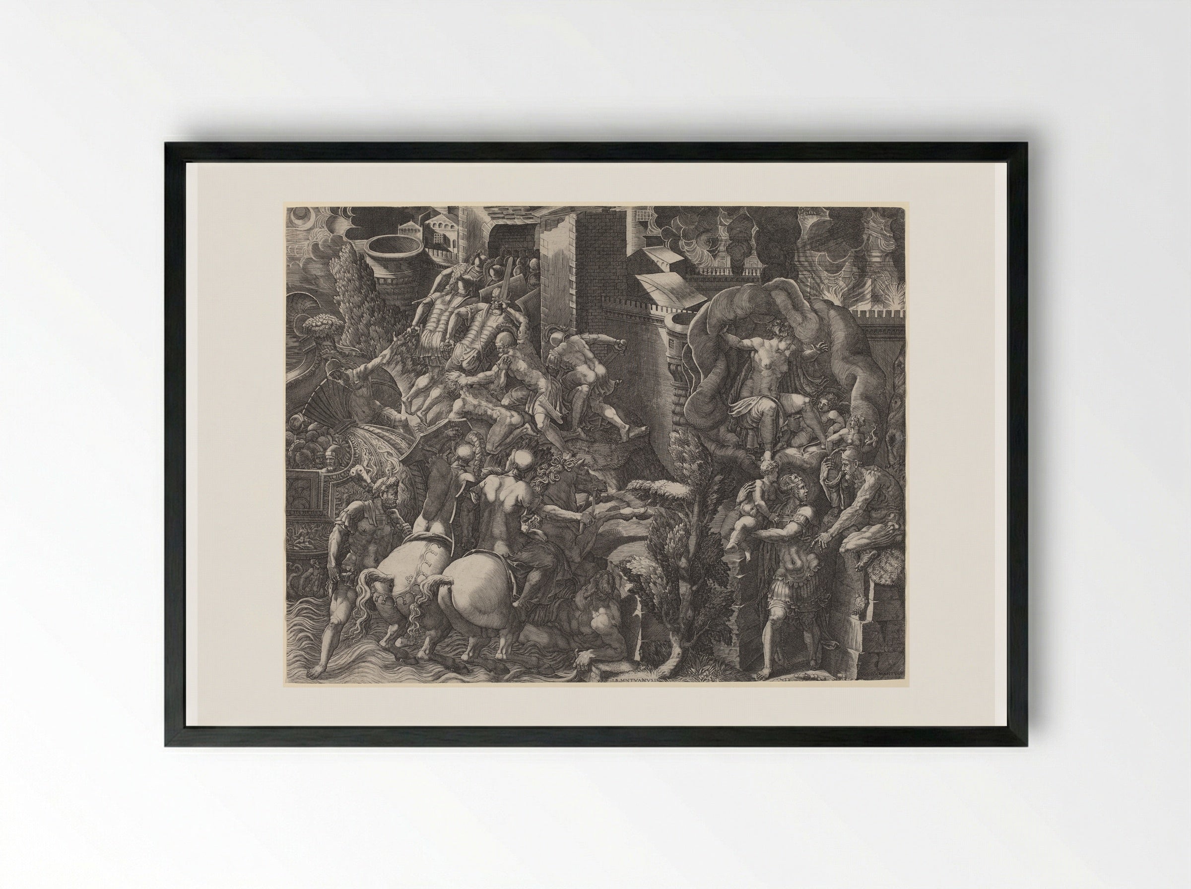 The Fall of Troy and the Escape of Aeneas - Giorgio Ghisi - Framed Print Black