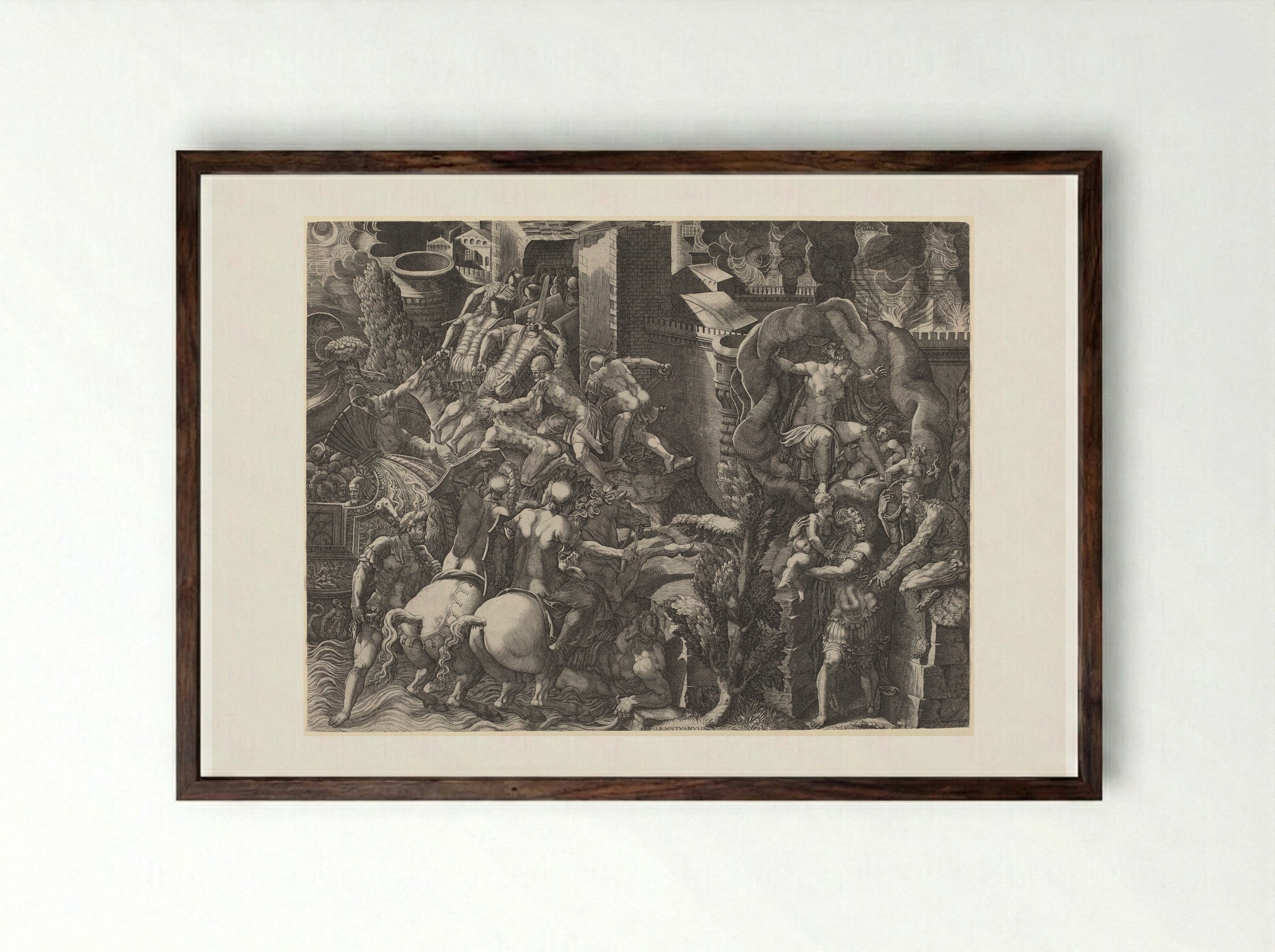 The Fall of Troy and the Escape of Aeneas - Giorgio Ghisi - Framed Print Dark Wood