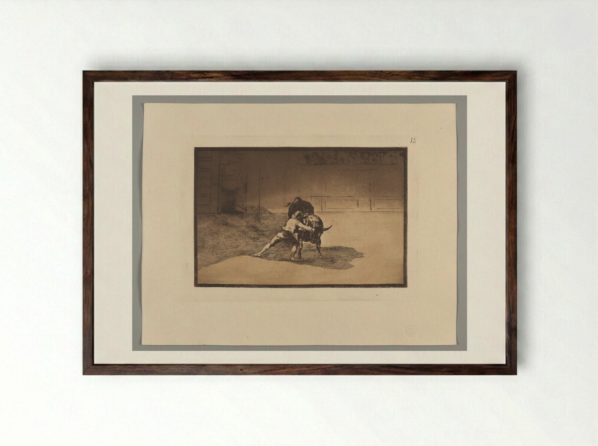 The Famous Martincho Places the Banderillas Playing the Bull with the Movement of His Body - Francisco José de Goya y Lucientes - Framed Print Dark Wood