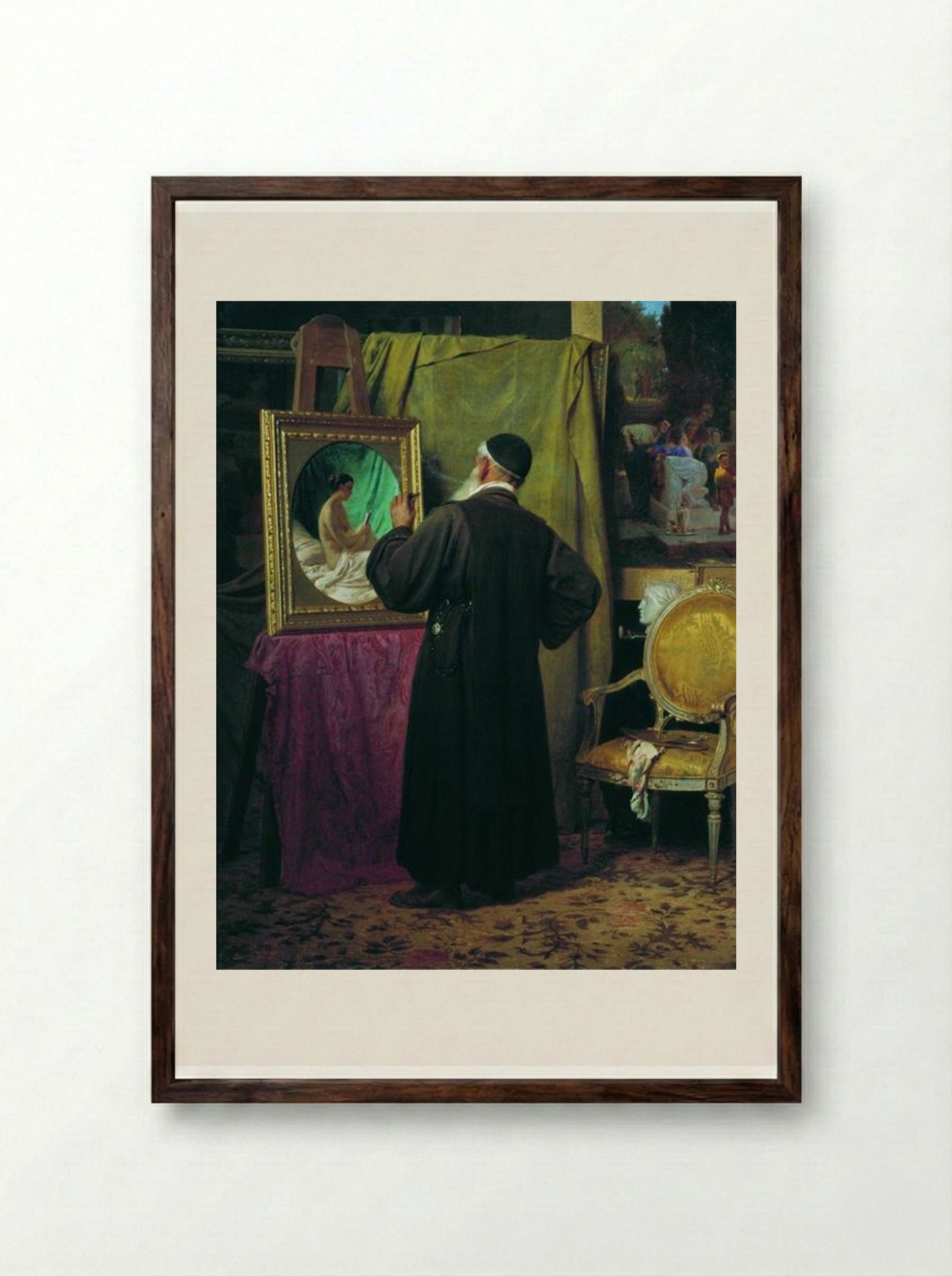 The Fan (The Artist in his Studio) - Fyodor Bronnikov - Framed Print Dark Wood