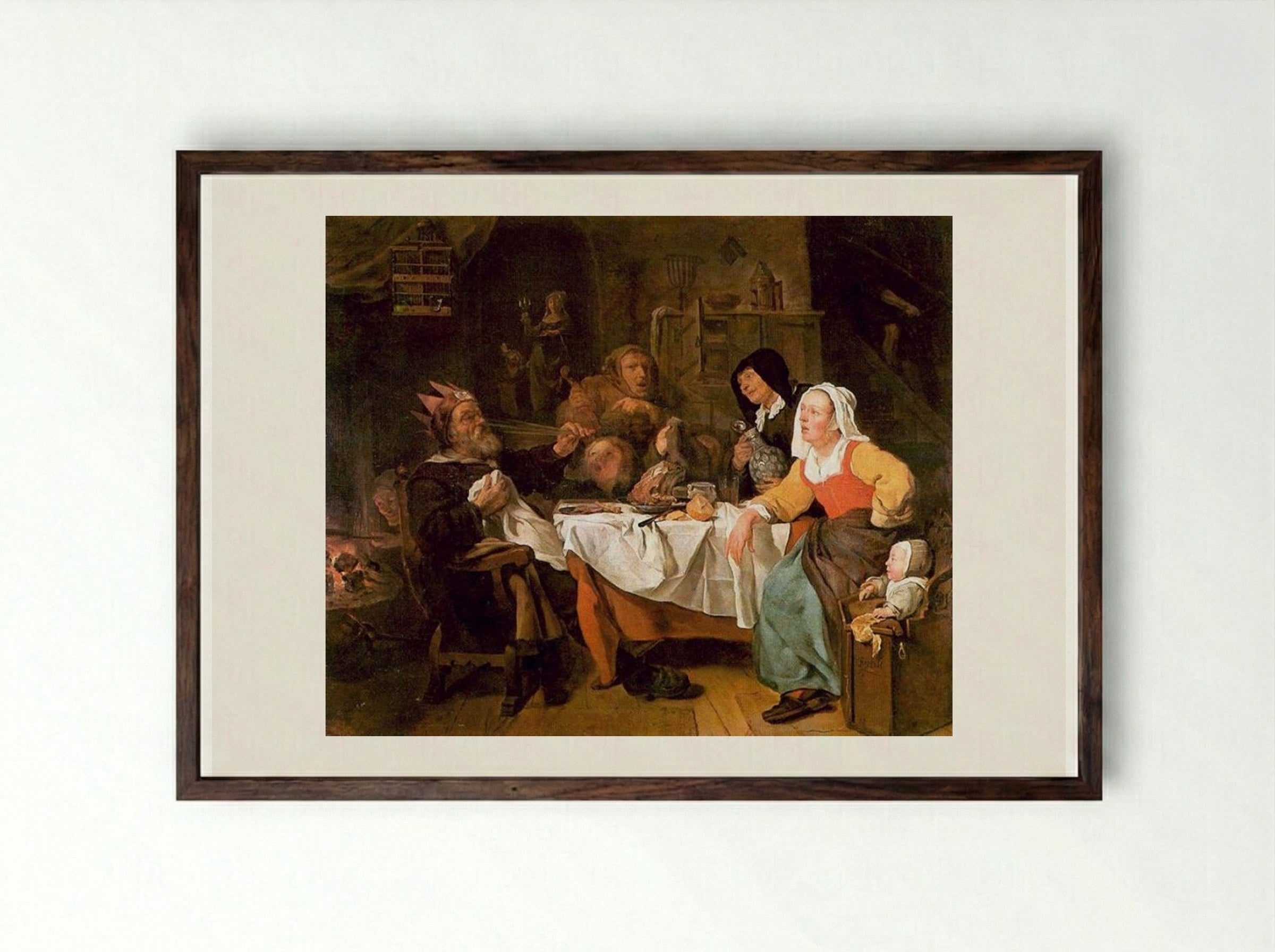 The Feast of the Bean King - Gabriel Metsu - Framed Print Dark Wood