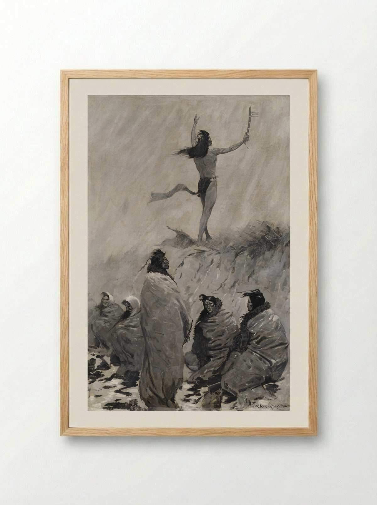 The Fire Eater Raised His Arms to the Thunder Bird - Frederic Remington - Framed Print Wood