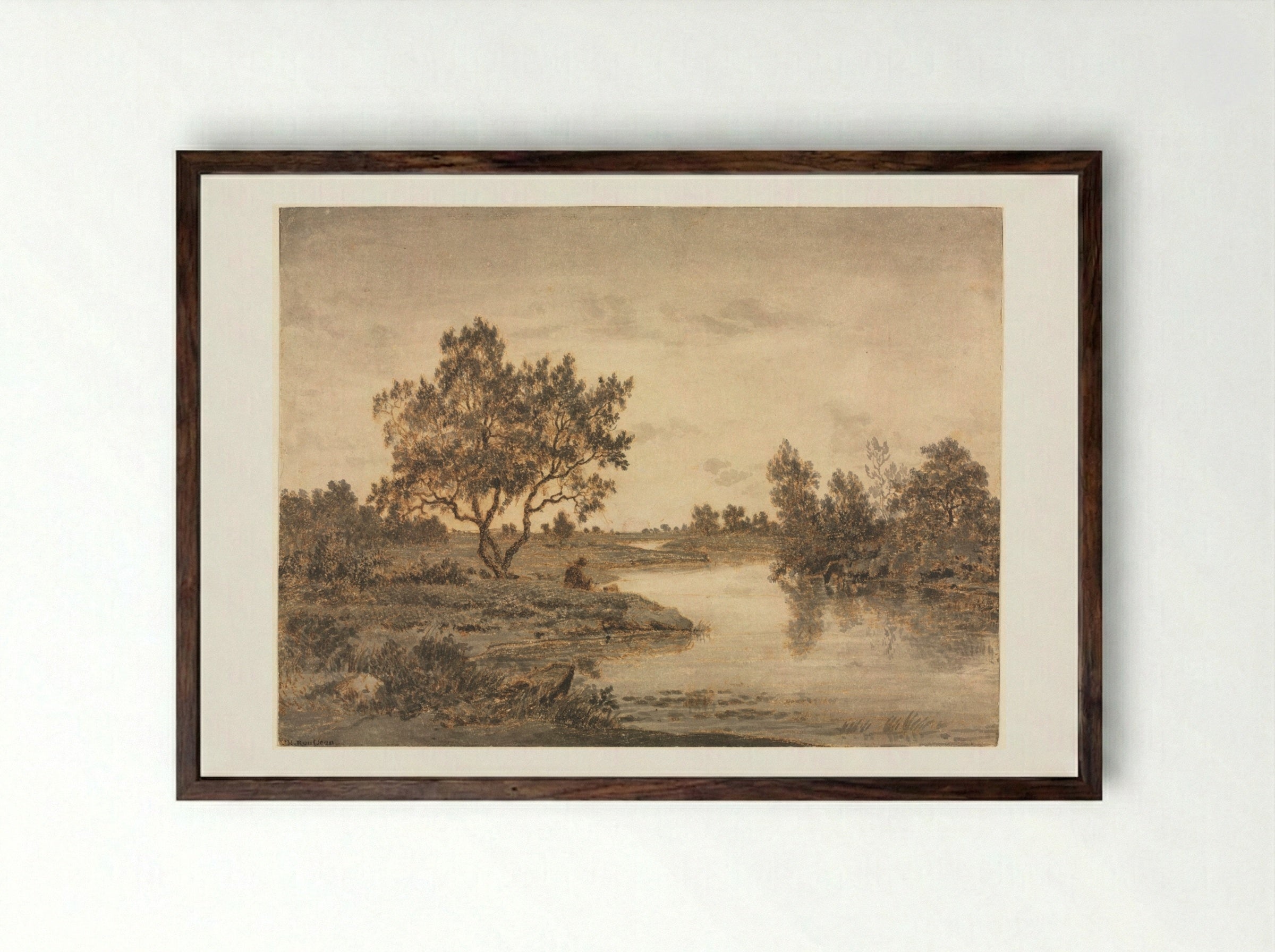 The Fisherman (Le Pêcheur) - Théodore Rousseau - Framed Print Dark Wood