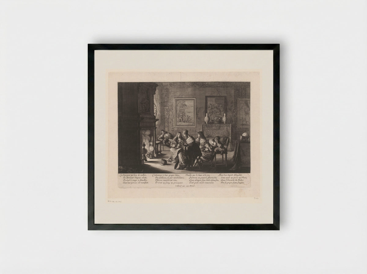The Five Foolish Virgins Resting by the Fire - Abraham Bosse - Framed Print Black