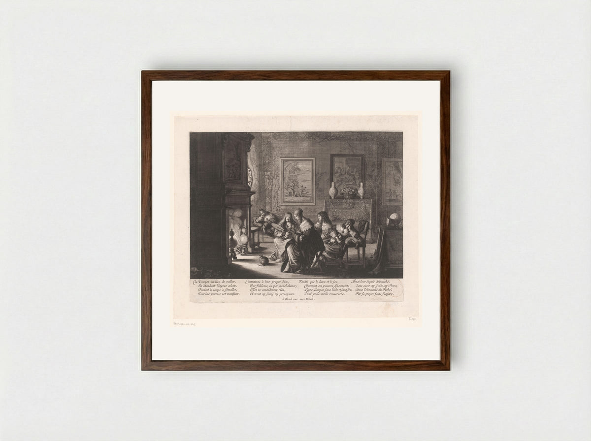 The Five Foolish Virgins Resting by the Fire - Abraham Bosse - Framed Print Dark Wood