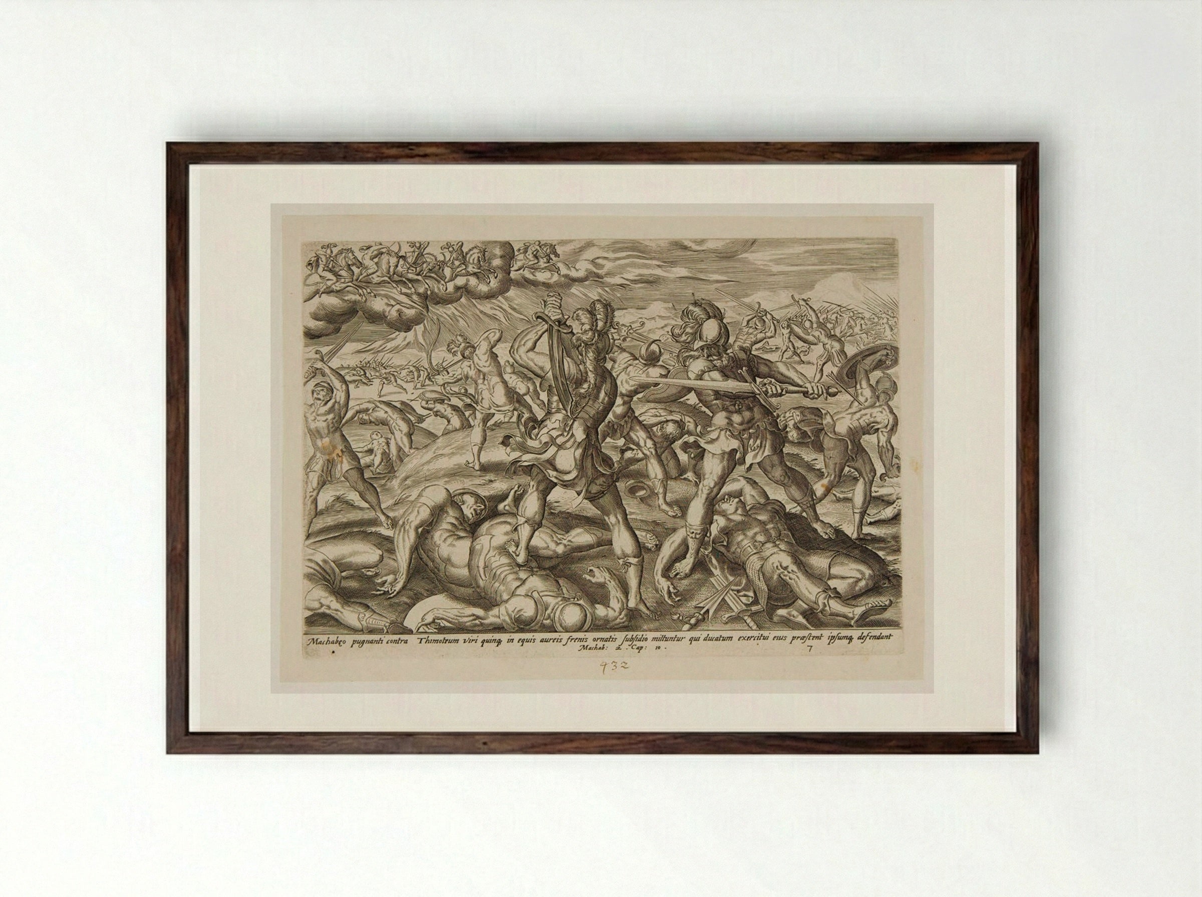 The Five Heavenly Warriors in the War against Timotheus - Johannes Wierix - Framed Print Dark Wood