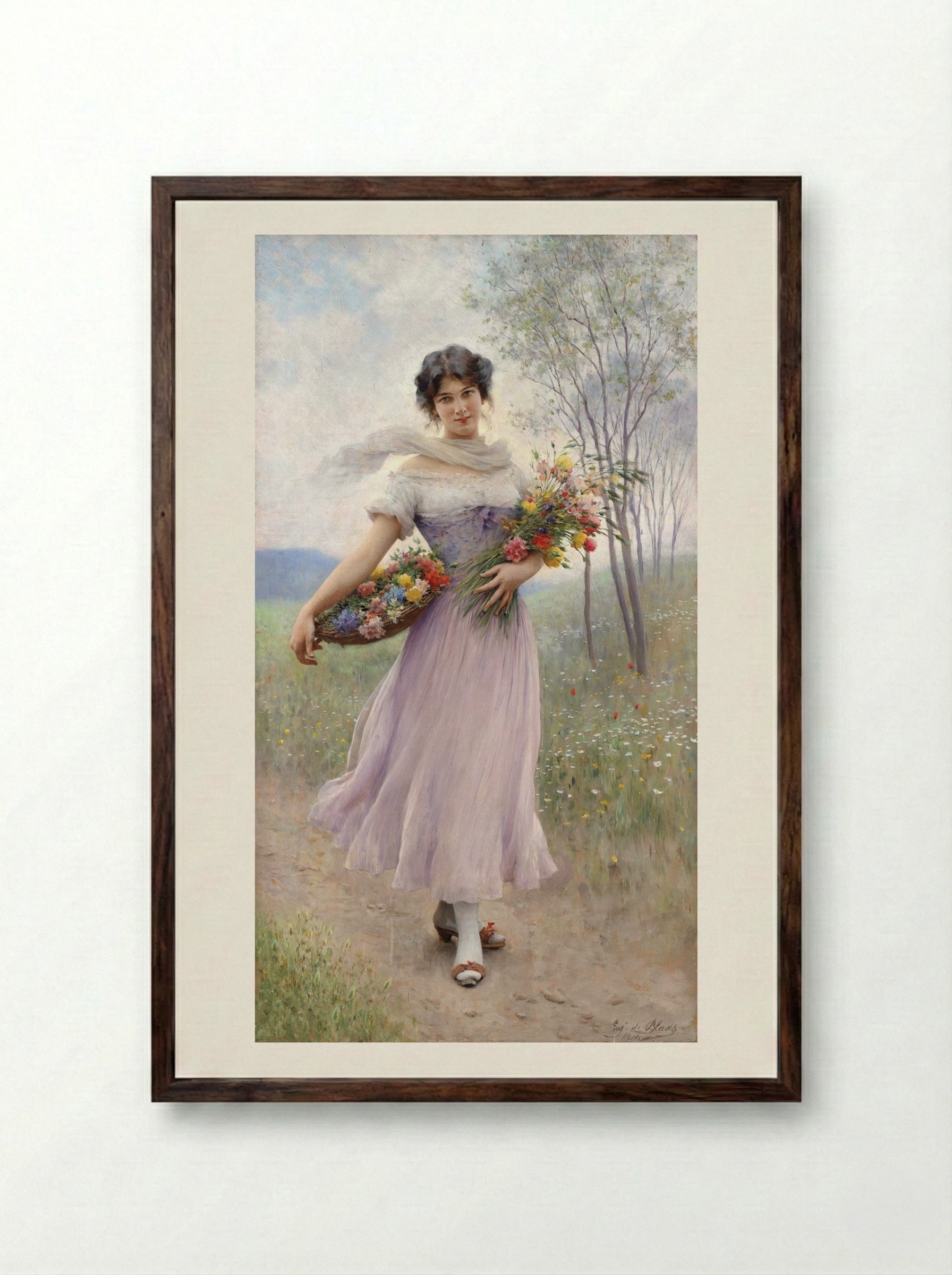 The Flower Girl - Eugene de Blaas - Framed Print Dark Wood