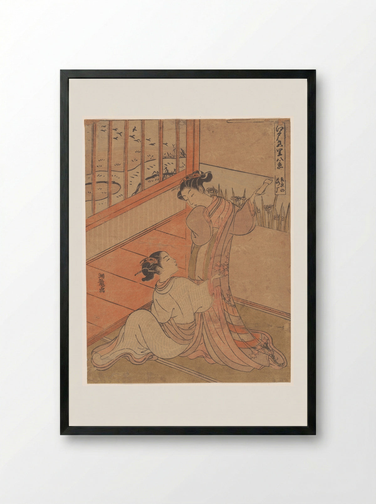 The Flying Down of Wild Geese at Yoshiwara - Isoda Koryūsai - Framed Print Black