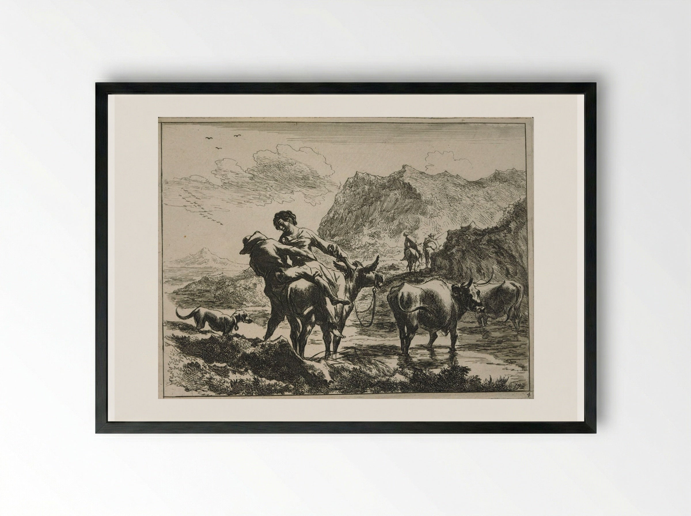 The Ford, A Herdsman and Shepherdess on a Donkey - Johannes Visscher - Framed Print Black