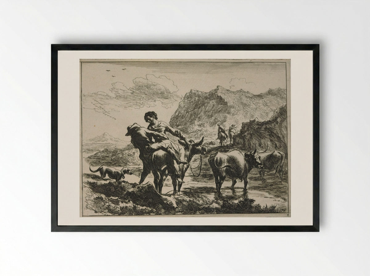 The Ford, A Herdsman and Shepherdess on a Donkey - Johannes Visscher - Framed Print Black