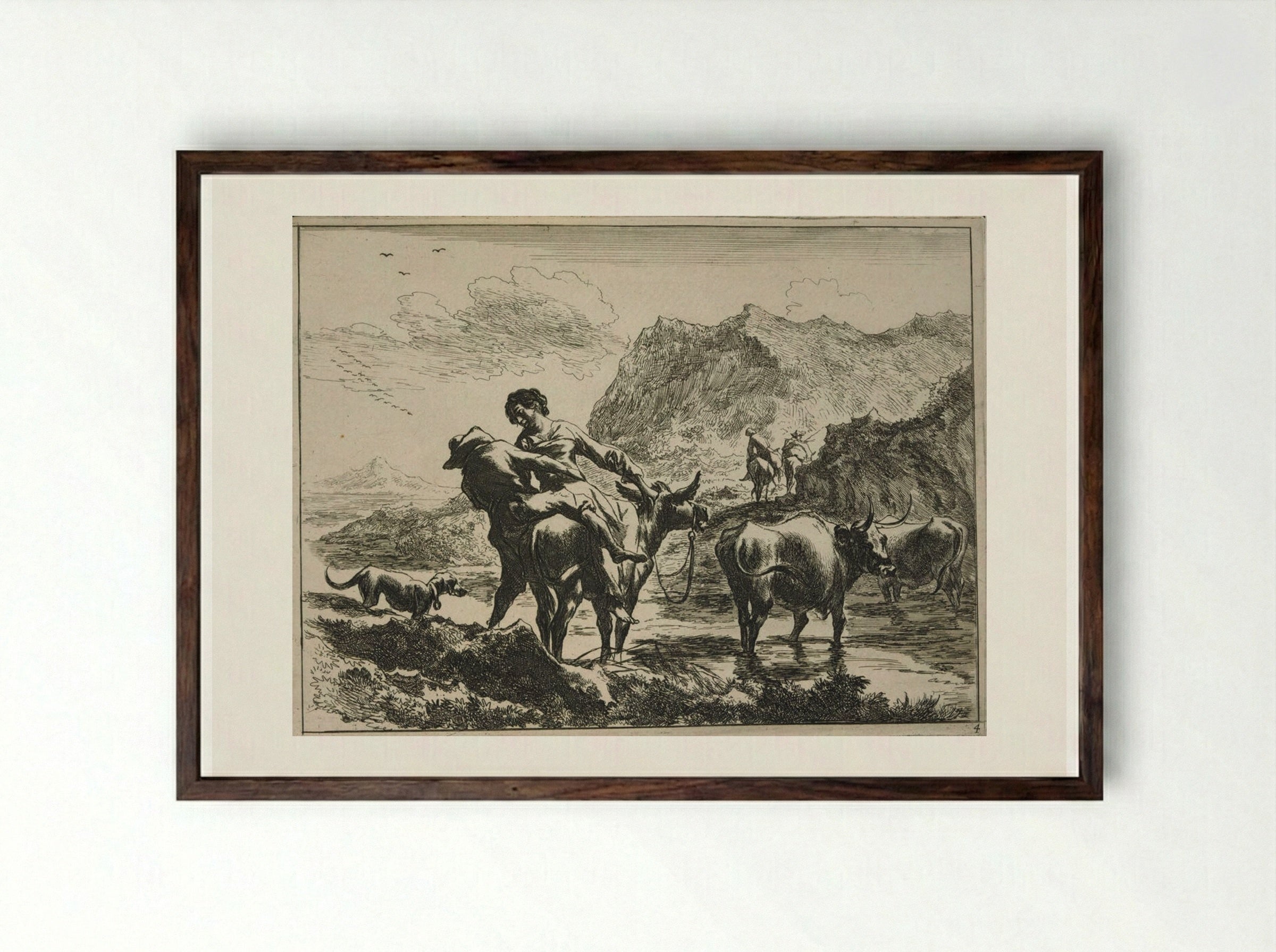The Ford, A Herdsman and Shepherdess on a Donkey - Johannes Visscher - Framed Print Dark Wood