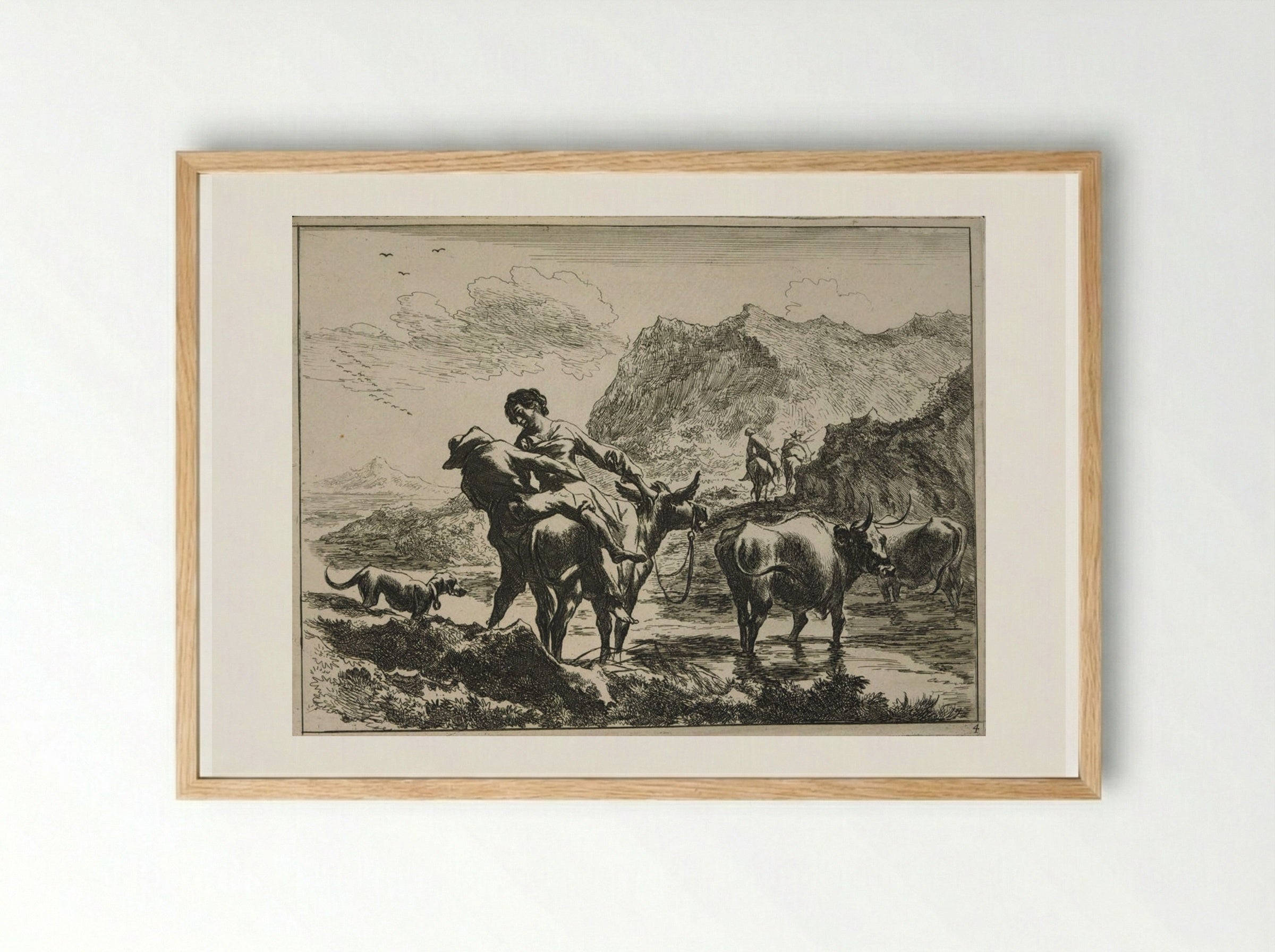 The Ford, A Herdsman and Shepherdess on a Donkey - Johannes Visscher - Framed Print Wood